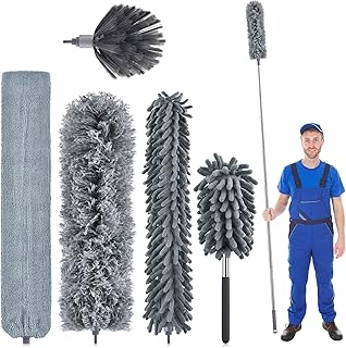 PACETAP 6Pcs Microfiber Duster Kit, Telescoping Cobweb Duster with Stainless Steel Extension Pole(30to100''), Washable Dusters with Bendable Head for Cleaning Ceiling Fan, High Ceiling, Furniture