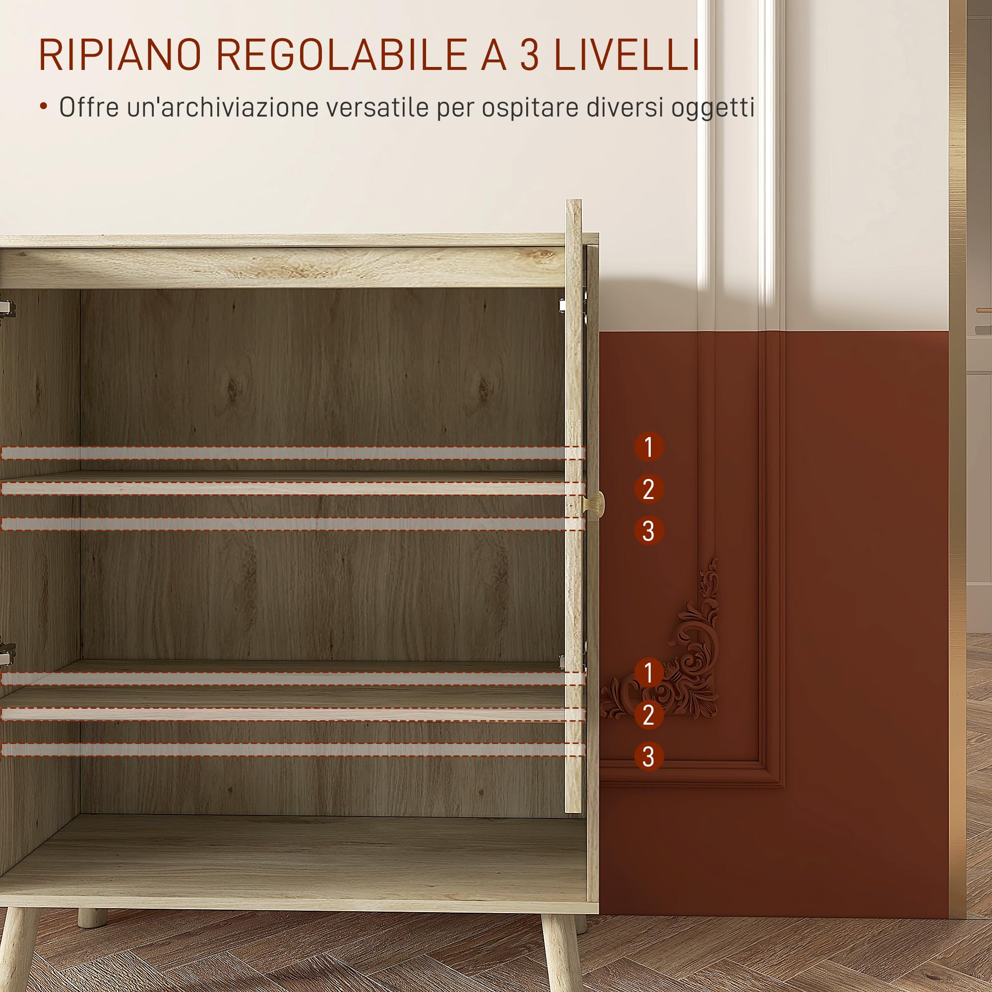 HOMCOM Mobile da Ingresso e Soggiorno in Stile Boho, Mobile Multiuso con Ante in Rattan e Ripiano Aperto, 80x38x100cm, Rovere