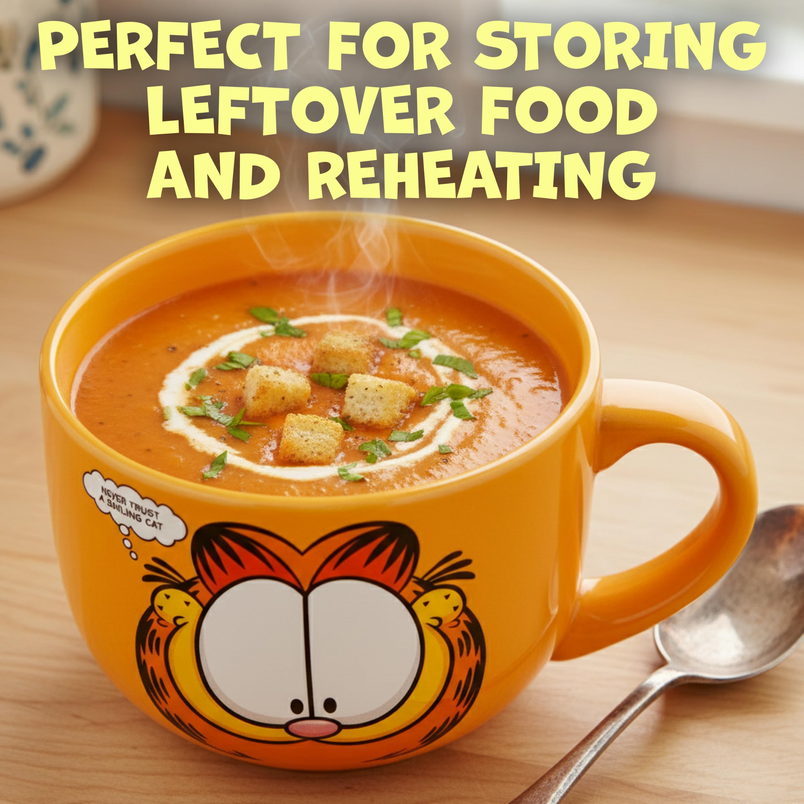 Silver Buffalo Garfield Tasse à soupe en céramique avec couvercle en plastique ventilé « Never Trust a Smiling Cat » 710 ml