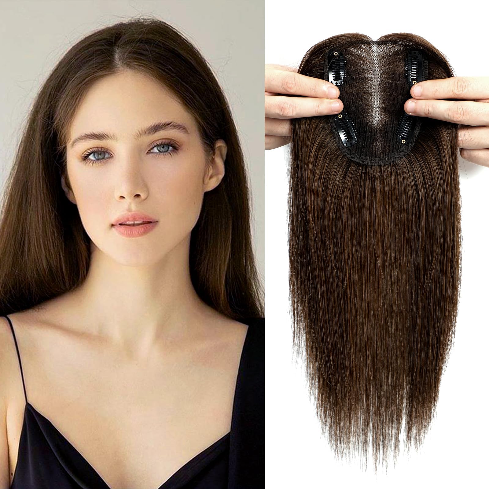 Human Hair Toppers for Women Real Hair Topper with Thinning Hair 120% Density Round Shaped Swiss Base Clip in Fringe Human Hair Topper Top Hair Pieces 40g-Medium Brown(12inch, 4#)…