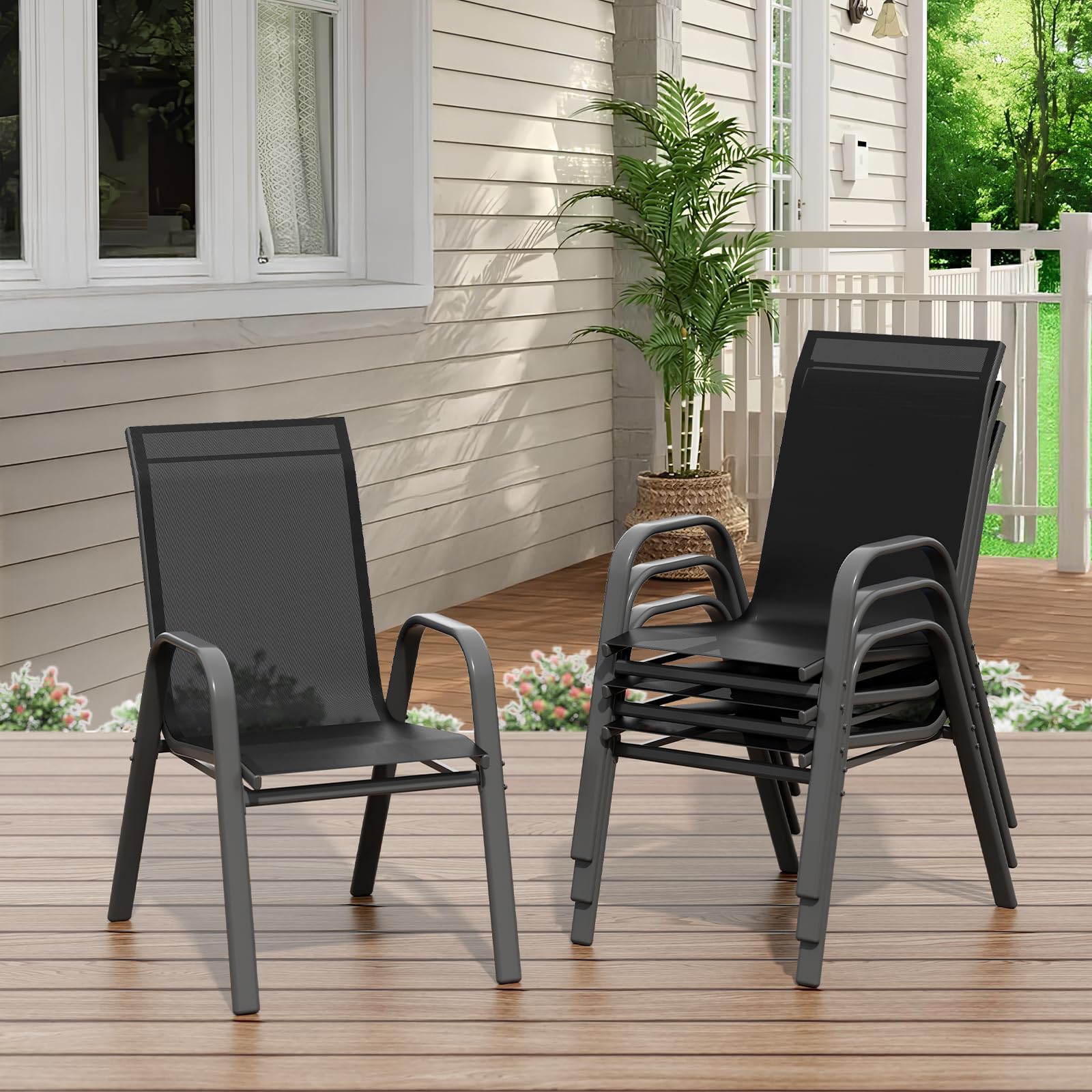 Litake Conjunto Sillas Jardin Exterior, 4 Sillas De Comedor para Exterior Metálicas, Soporte hasta 150 kg, Pintura Anticorrosiva, Tela Doble, Transpirables, Apilables, Estilo Clásico Sencillo,Negro