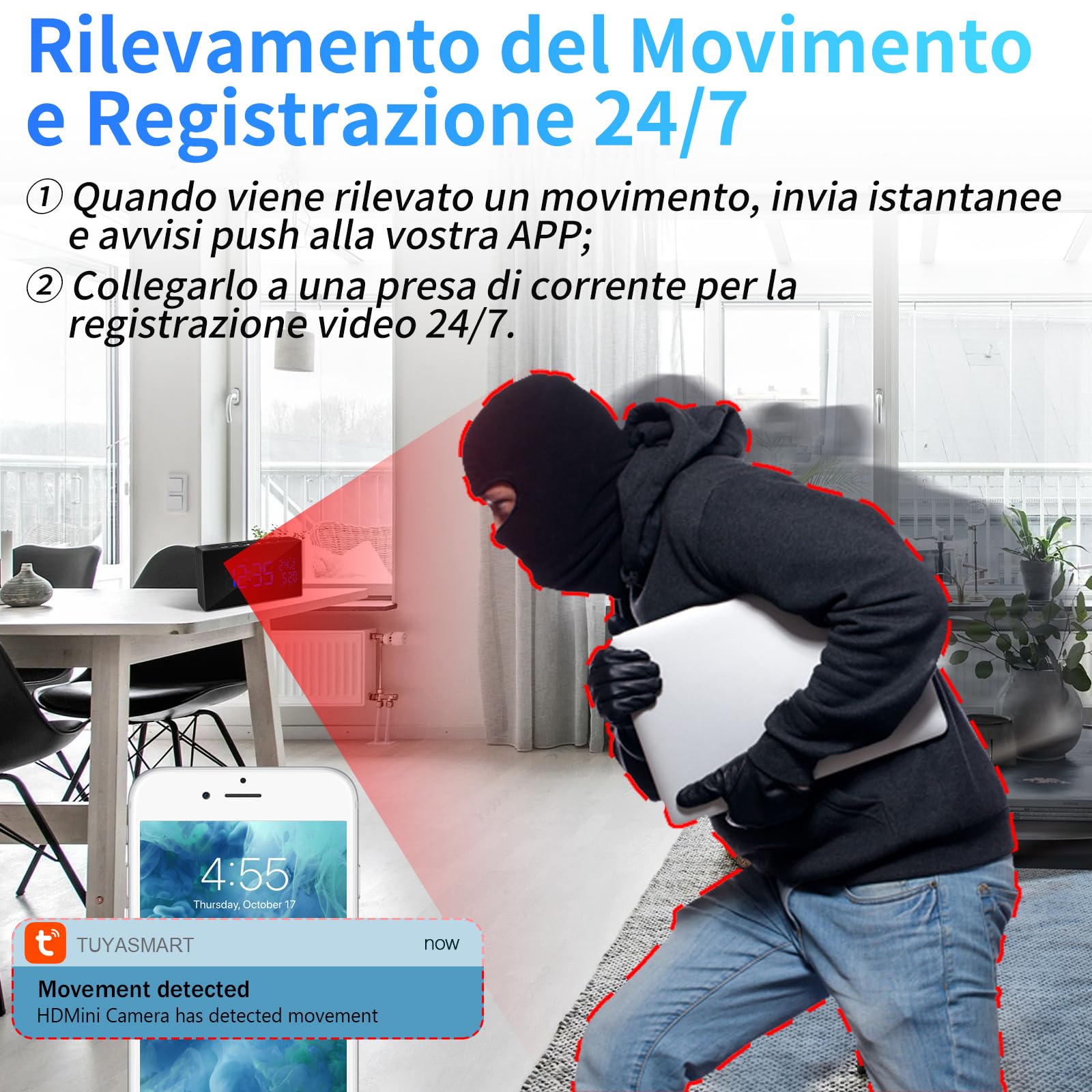Telecamera Spia WiFi 2.4/5G, HD 1080P Telecamera Nascosta | Mini Telecamera Spia Nascosta con Visione Notturna, Rilevamento del Movimento, Wi-Fi, APP Vista a Distanza
