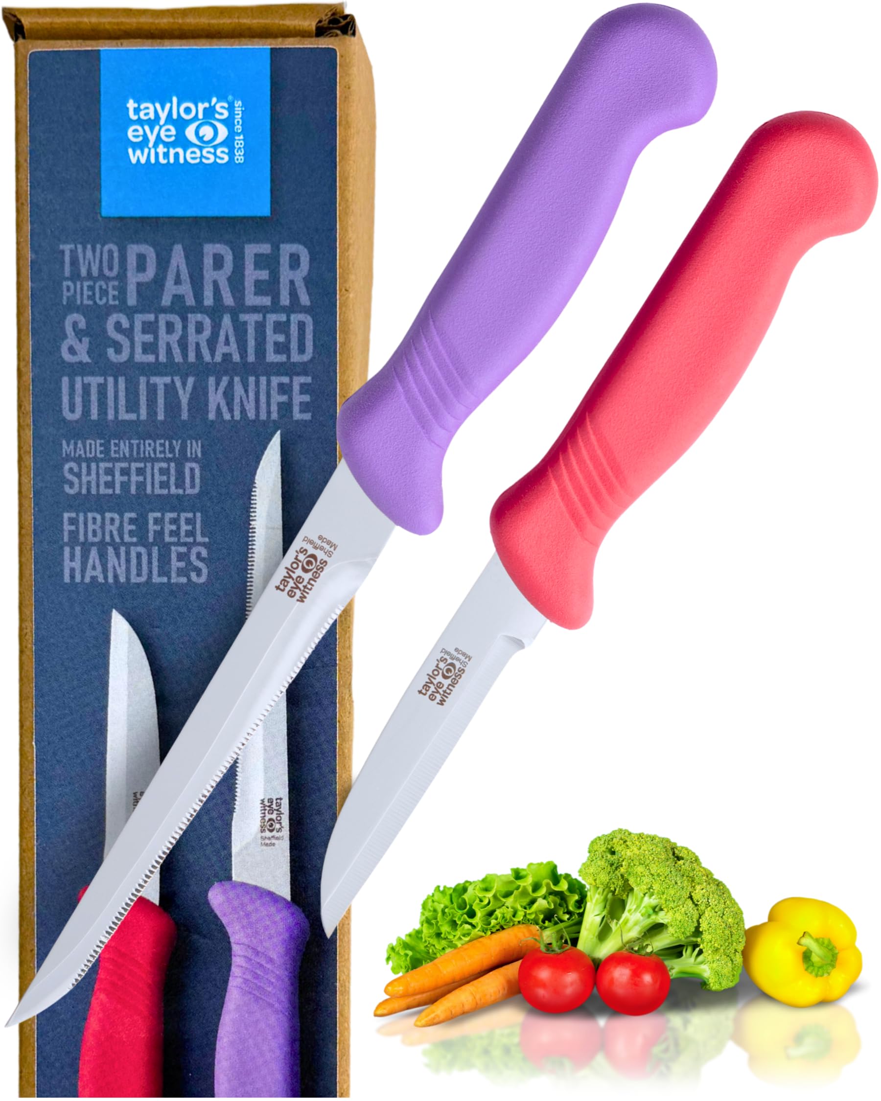 Taylors Eye Witness Sheffield Made Paring & Serrated Utility Bright Knife - Set of 2 Heavy Duty & Razor Sharp Multipurpose Knives with Fine Precision Ground Stainless Steel Blade & Fibre Grip Handle