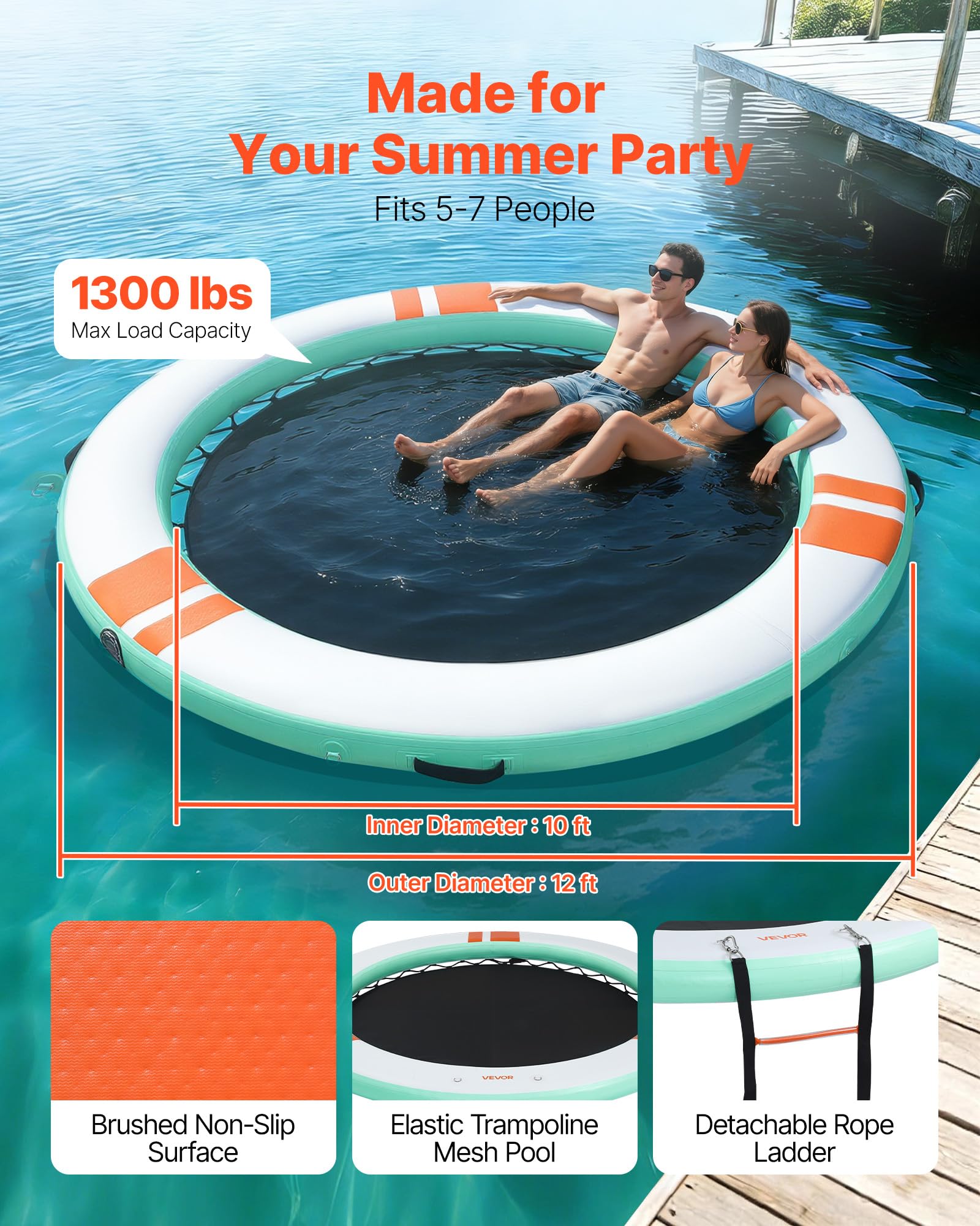 VEVOR Colchoneta para Piscina, Diámetro de 3,66 m, Flotador Inflable Gigante en Forma Redonda, con Malla Escalera Desmontable Bolsa de Transporte, Hamaca Inflable Isla de Agua para Piscina Playa Lago