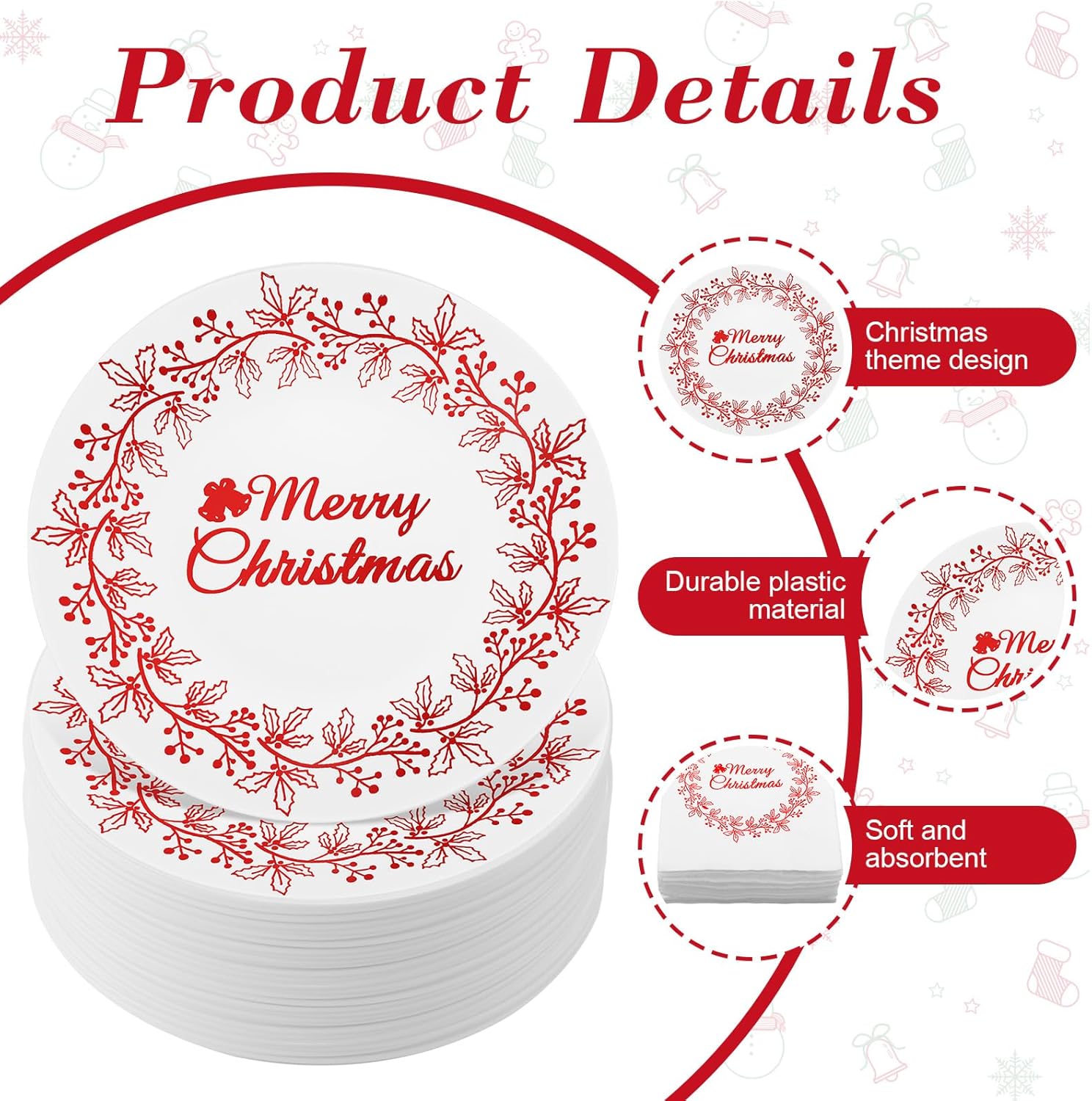 Shellwei 210 Pcs Christmas Dinnerware Sets, Christmas Disposable Plates Includes 30 Dinner Plates 30 Cups 30 Dessert Plate 30 Papers Napkins 30 Forks Knives Spoons for Xmas Party Supplies