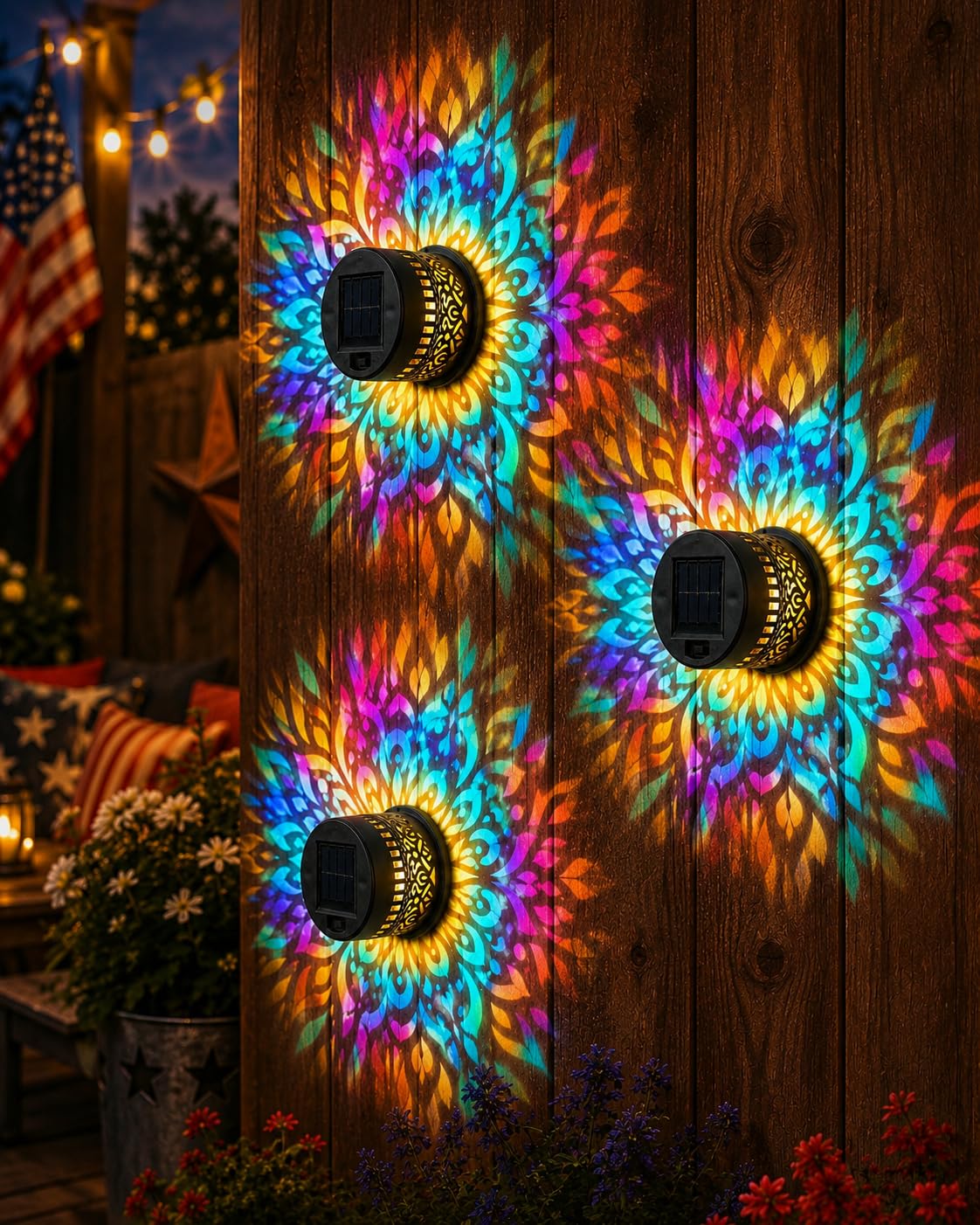 Solar Mandala Wall Light Outdoor Garden Fence Projector Lamp Patio Ambient Decor Waterproof LED Mandala Projection Light Decorative for Garden Post Patio Backyard Yard 7 Colour Changing(3pcs)