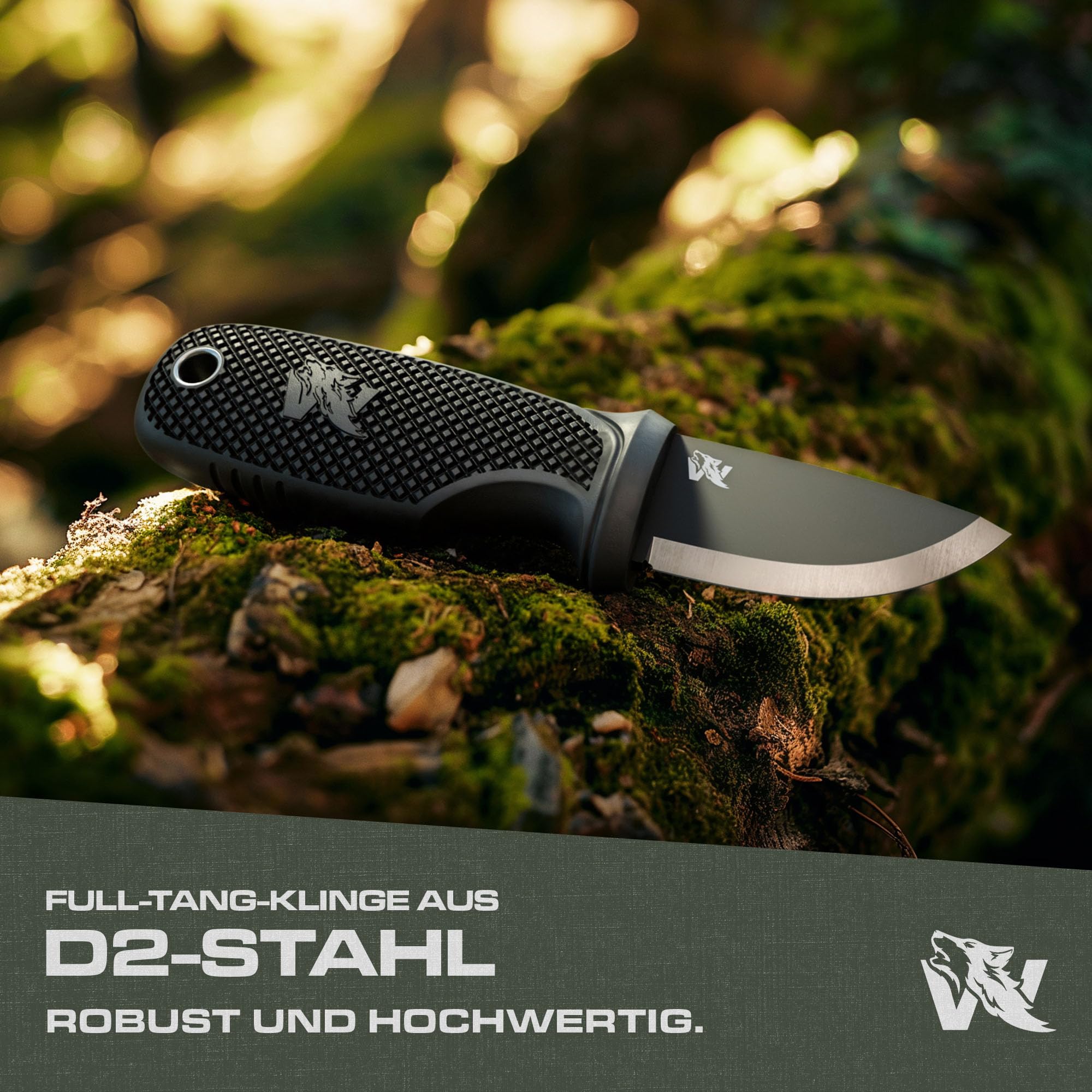 ODENWOLF W-MINI 2 Neck Knife aus D2 Stahl - Kleines EDC Messer Feststehend mit Holster und Feuerstahl - Outdoor Messer Klein und Handlich - Halskette