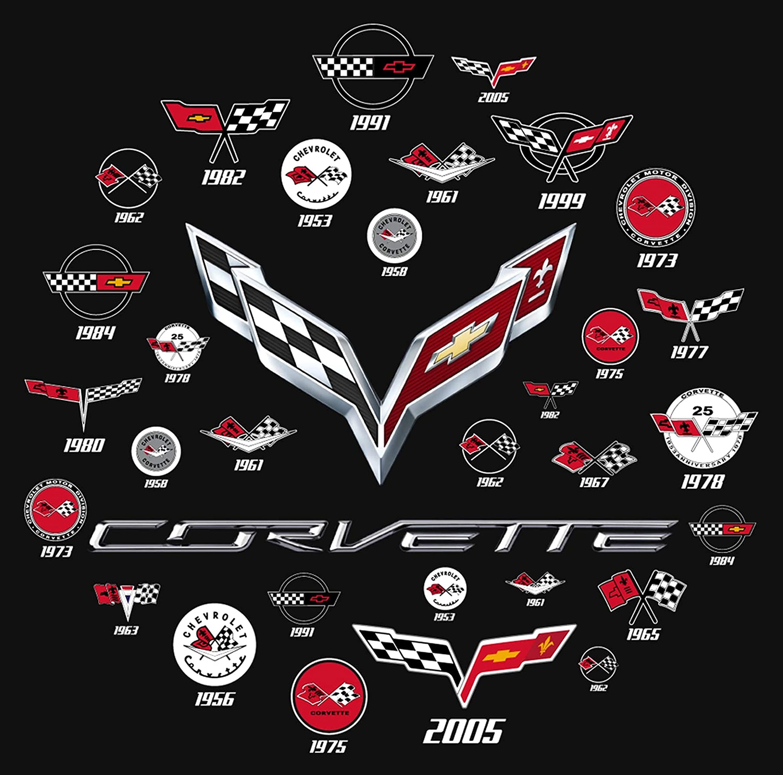 JH DESIGN GROUP Mens Corvette T-Shirt C7 C6 C5 C4 C3 C2 C1 Collage Black Shirt