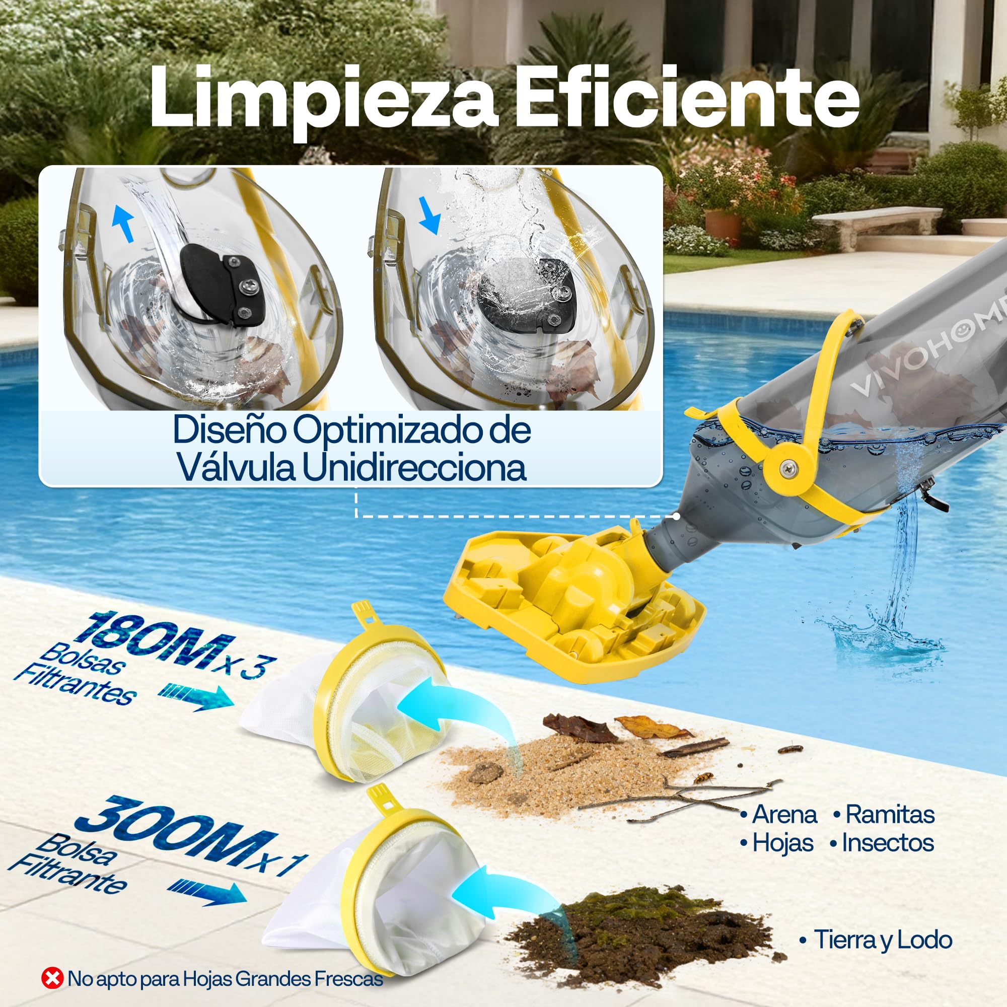 VIVOHOME 278cm Aspirador de Piscina Inalámbrica con Succión Fuerte de 4200LPH, Limpiafondos Piscina Autonomía de 60 Minutos para Piscinas Spas y Jacuzzis