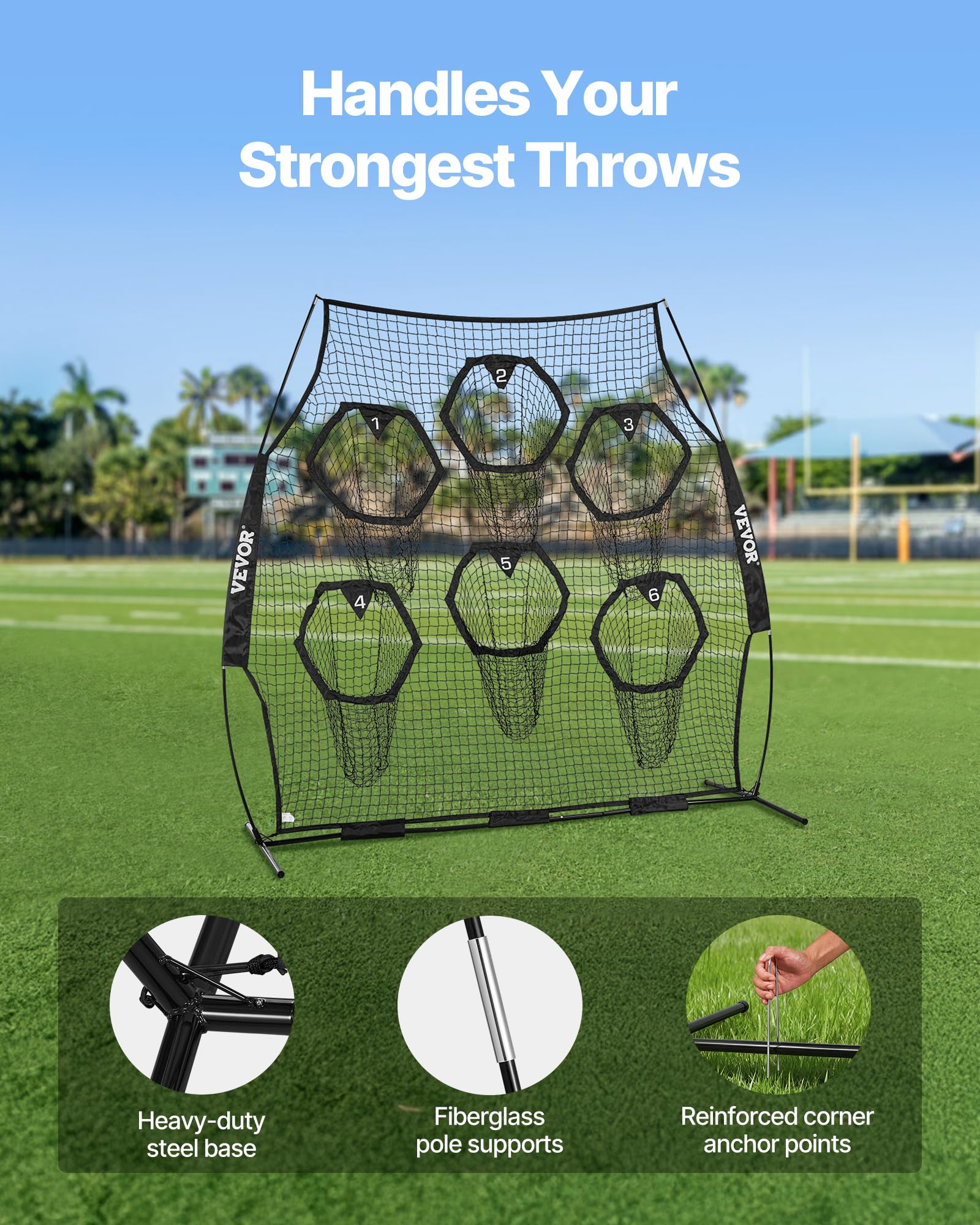 VEVOR Filet d'entraînement pour Football 274 x 243 cm, Filet de Lancer de Rugby avec 6 Poches pour cibles, sans nœuds, Sangles et étui de Transport Inclus, pour améliorer la précision de Lancer, Noir