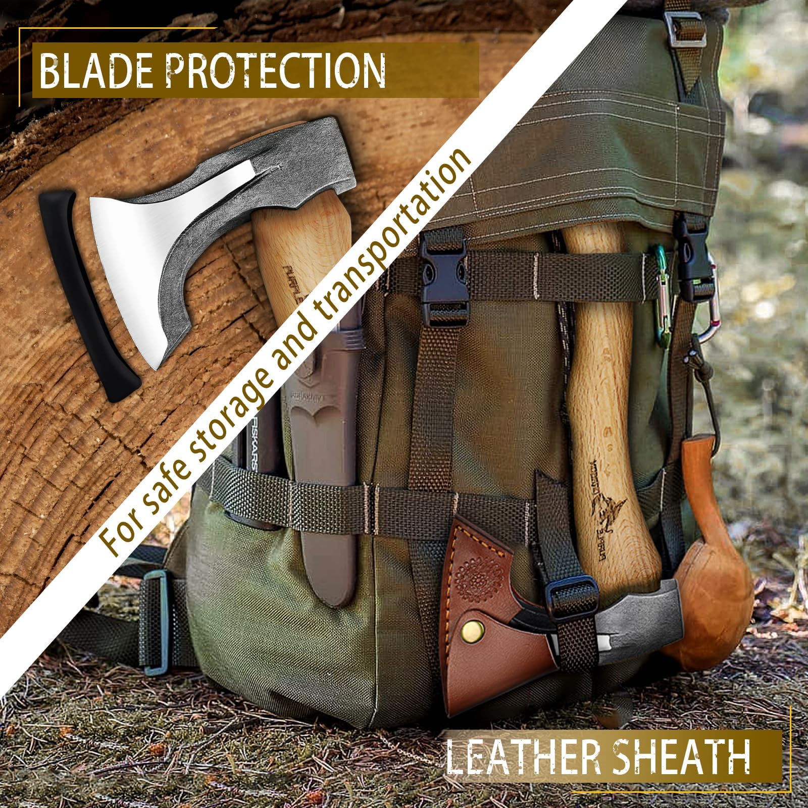 Purple Dragon Hacha Artesanal de 35 cm para Partir Leña, Hacha Bushcraft con Mango de Madera y Pie de Vaca, Forjada a Mano con Funda de Cuero, Ideal para Camping, Supervivencia y Exteriores