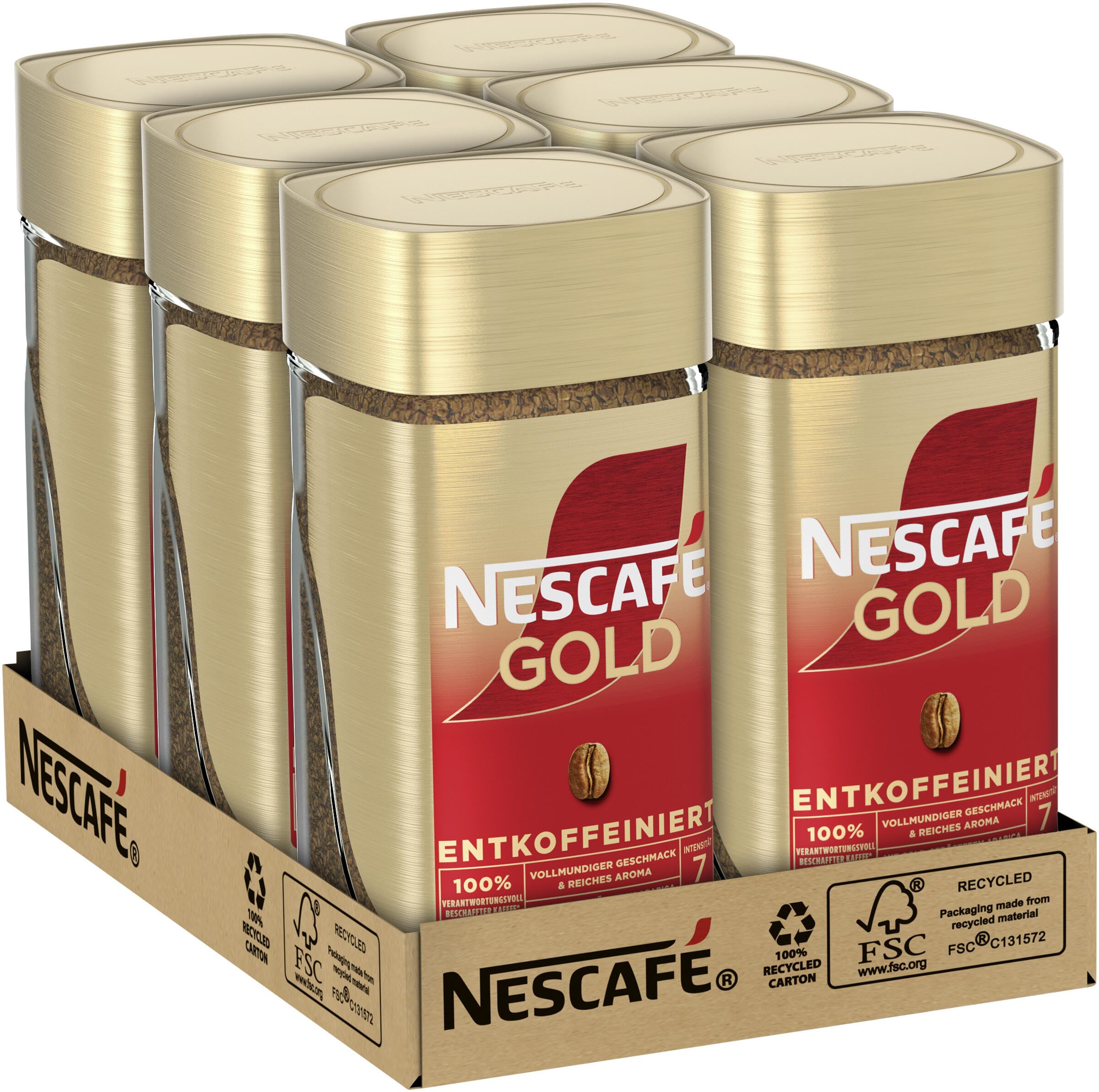 NESCAFÉ GOLD Entkoffeiniert, löslicher Bohnenkaffee, Instant-Kaffee aus erlesenen Kaffeebohnen, vollmundig & aromatisch, koffeinfrei, 6er Pack (6x100g)