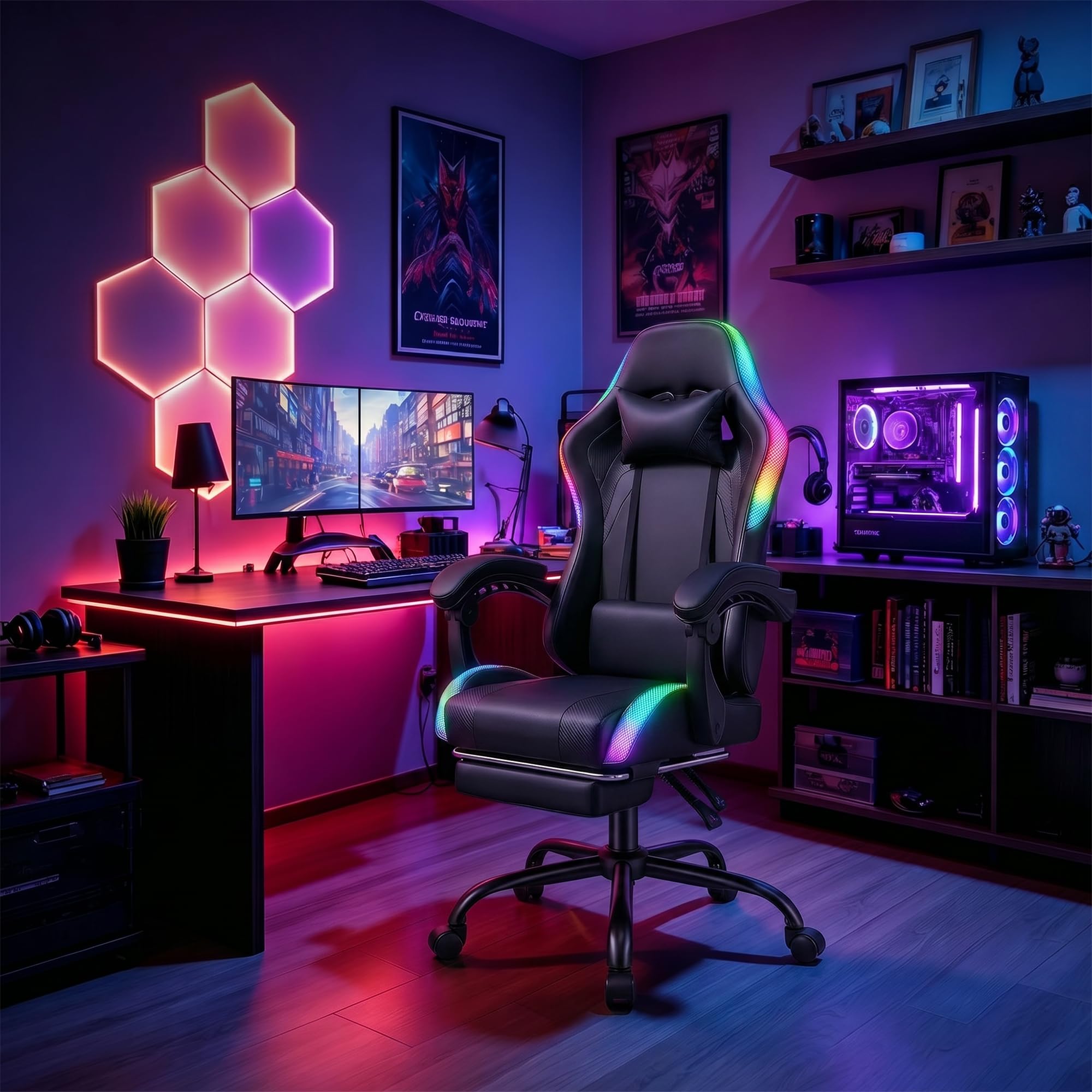 Devoko Chaise Gaming Ergonomique avec LED RGB, Massage Lombaire & Repose-Pieds – Fauteuil Gamer avec Appui-tête réglable – Dossier inclinable & Hauteur Ajustable – 180 kg,Noir