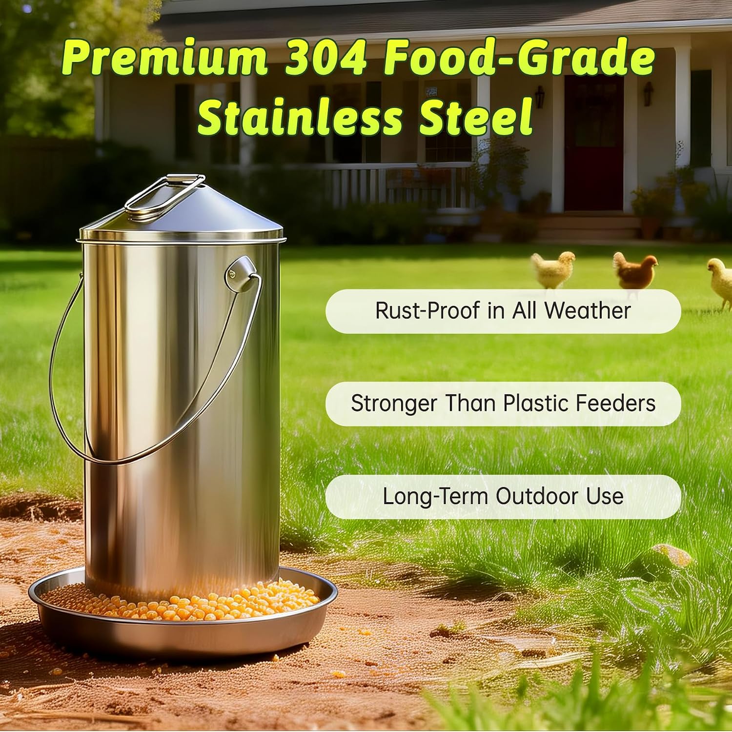 8.8 LB Stainless Steel Chicken Feeder, Gravity-Fed Poultry Feeder for Chickens & Ducks, Rust-Resistant Weatherproof Metal Feed Box with Handle, Large Capacity, Dry Feed Only