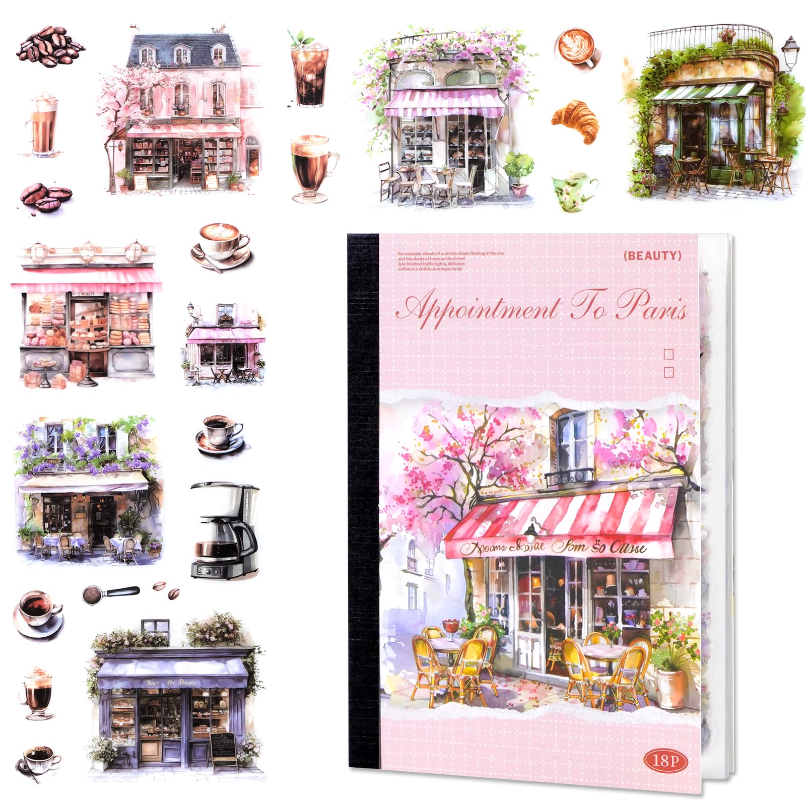 MIANRUII 18 Seiten PET Scrapbooking Schöne Vintage Aufkleber, 100+ Magazin Scrapbook Papier Zubehör Coffee Shop Thematische Scrapbook Aufkleber (Rosa)