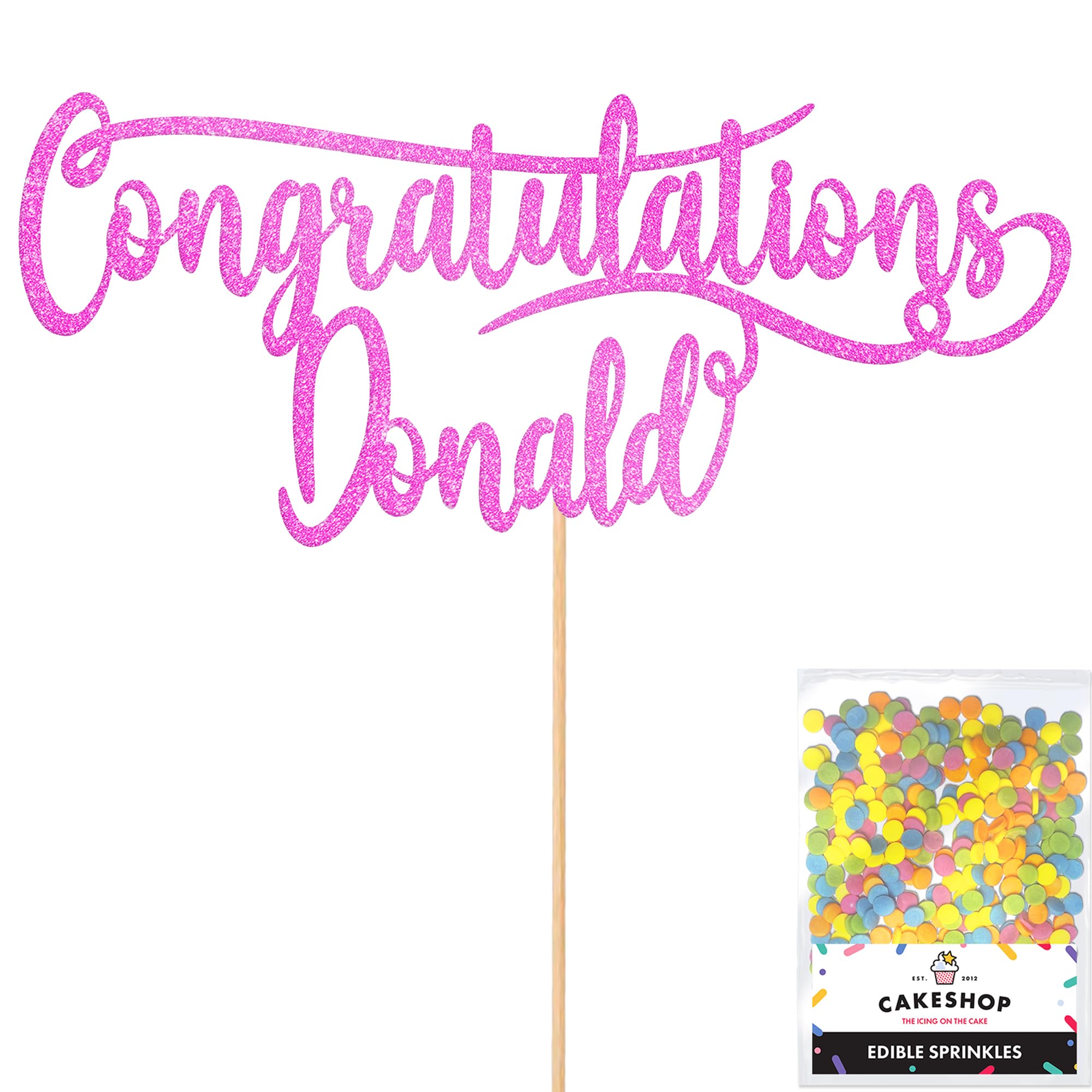 Cakeshop Personalised Congratulations Glitter Cake Topper With Sprinkles - Light Pink Custom Colour - Any Name - Double-Sided Glitter Card Cake Decoration - Custom Toppers for Cakes