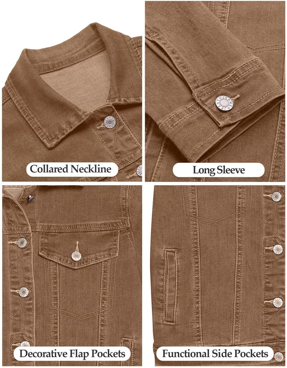 Vetinee Womens Stretch Button Down Long Sleeve Pockets Denim Jean Trucker Jacket - Image 5