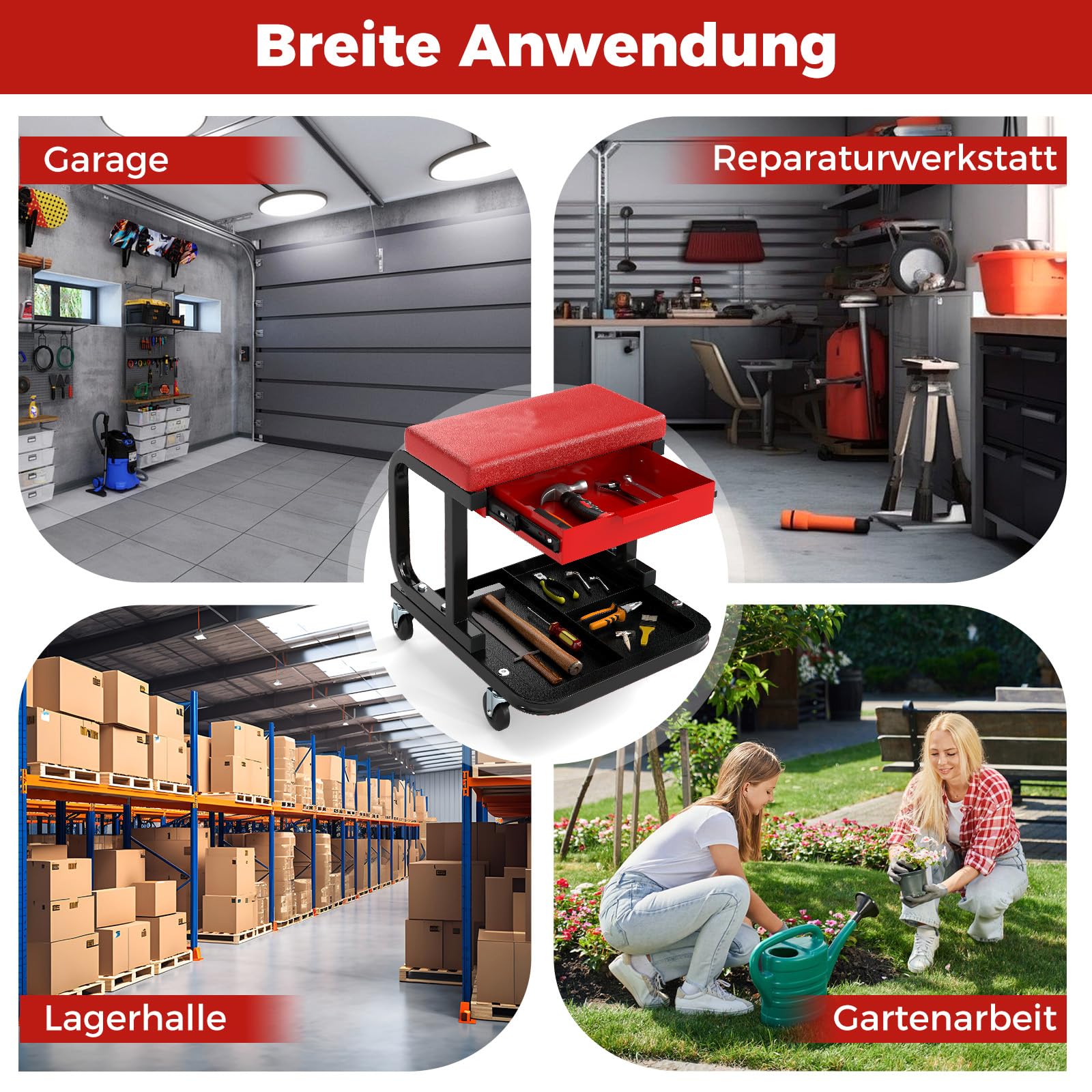 GYMAX Rollender Werkstatthocker, mobiler Rollhocker mit ausziehbarer Schublade, Werkzeugablage & gepolsterter Sitz, Tragfähigkeit von 185 kg, Werkzeugwagen für Garage, Gartenarbei (Rot)
