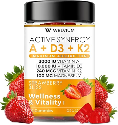 Gomitas de vitamina D3 K2 de 10000 UI con glicinato de magnesio, calcio, B12, K2 MK-7, vitaminas A, E, luteína, zeaxantina, suplemento masticable
