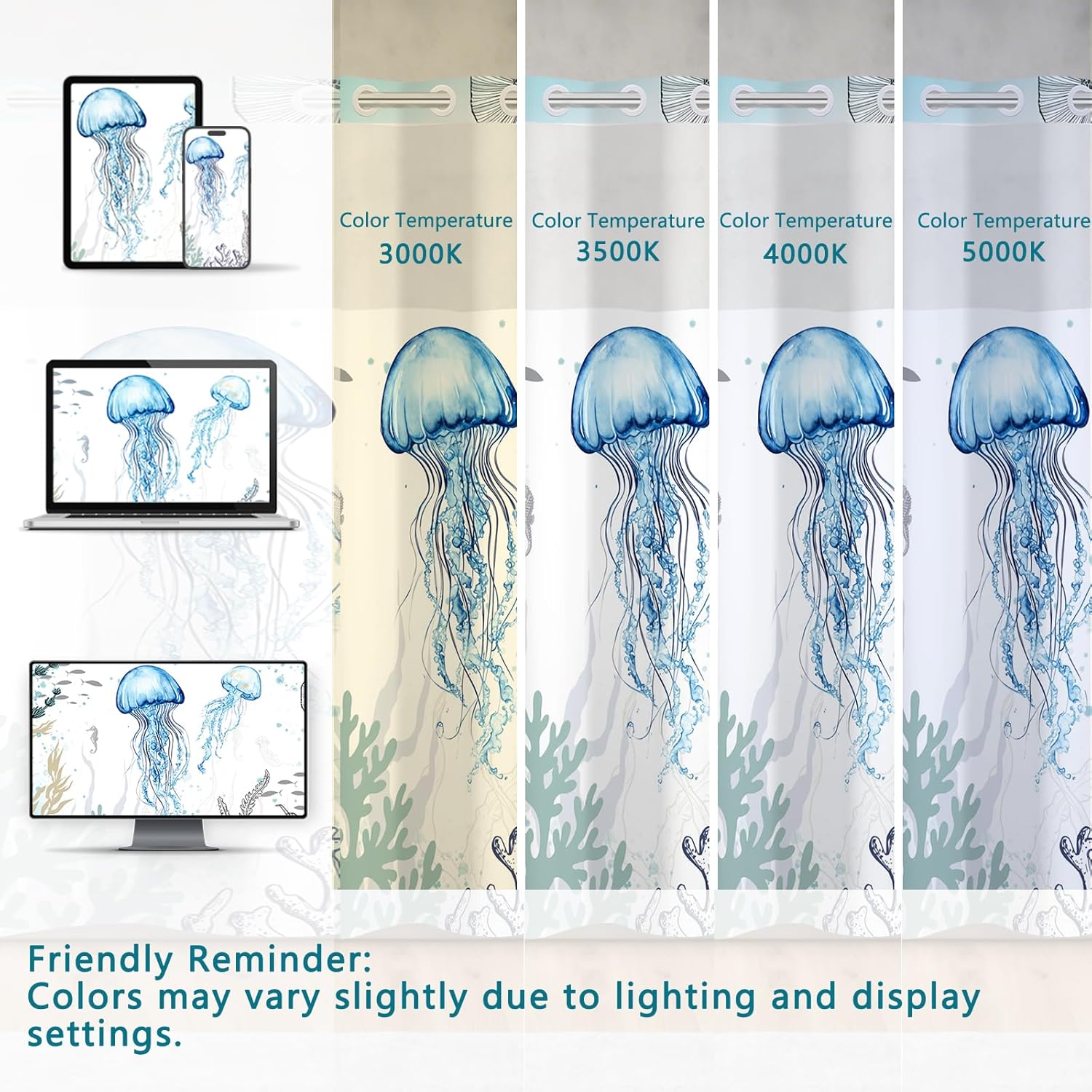 Nautical No Hook Shower Curtain and Liner Set, Blue Shower Curtains for Bathroom with Sheer Top Window, Ocean Shower Curtain with Watercolor Underwater Landscape Jellyfish Coral Design, 71x74 Inches