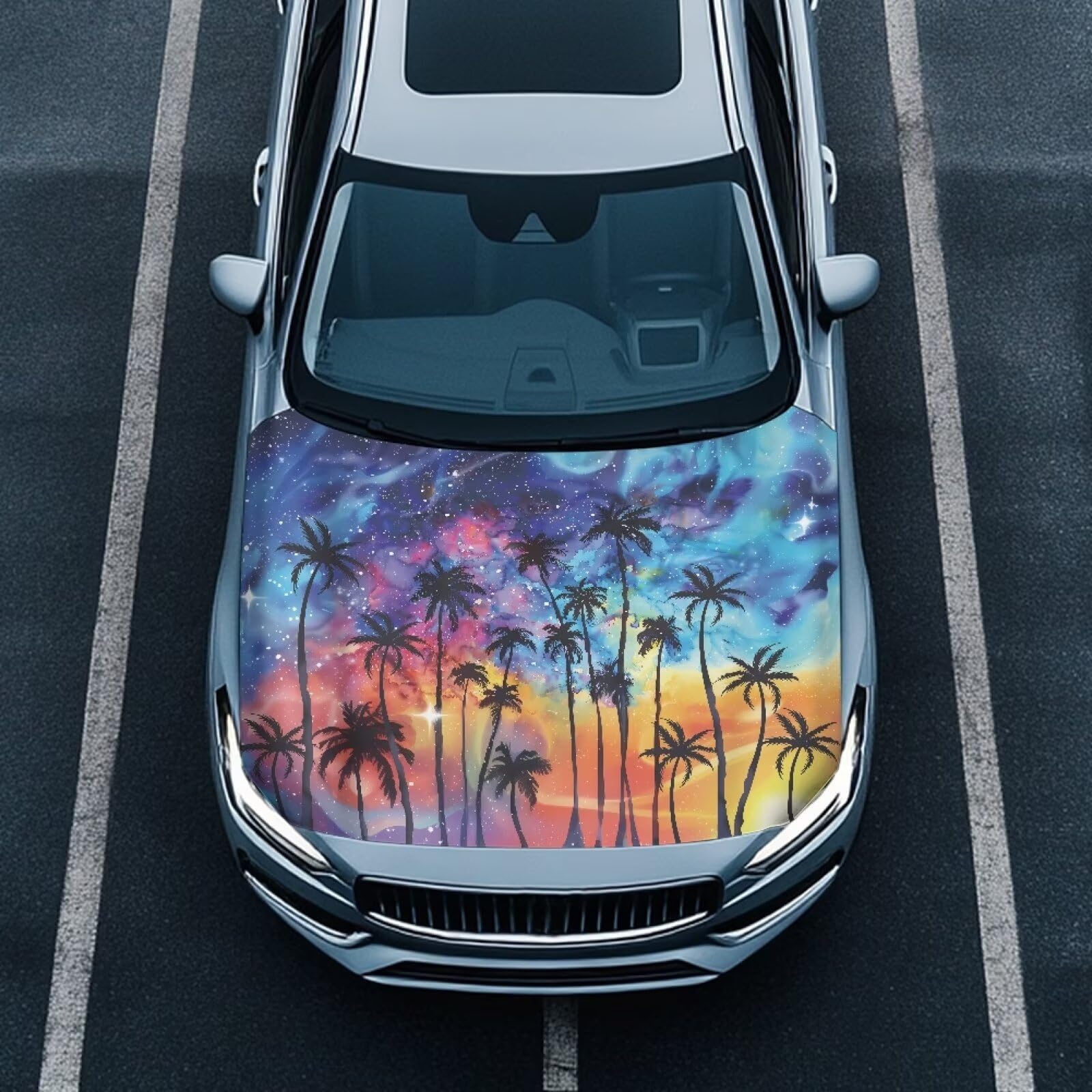 Galaxy Palm Tree Waterproof Car Cover Polyester Elastic Fabrics Patriotic Car Hood Cover Suitable for Auto Car Truck, Van, SUV, Pickup