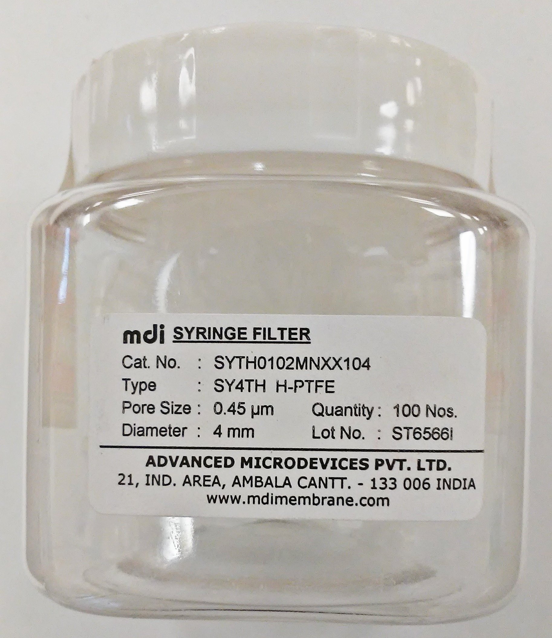 MDI SYTH0102MNXX104 Hydrophilic PTFE Membrane Syringe Filter, 4mm Diameter, 0.45µm Pore Size, Female Luer Lock Inlet x Male Luer Slip Outlet, Non-Sterile, Pack of 100