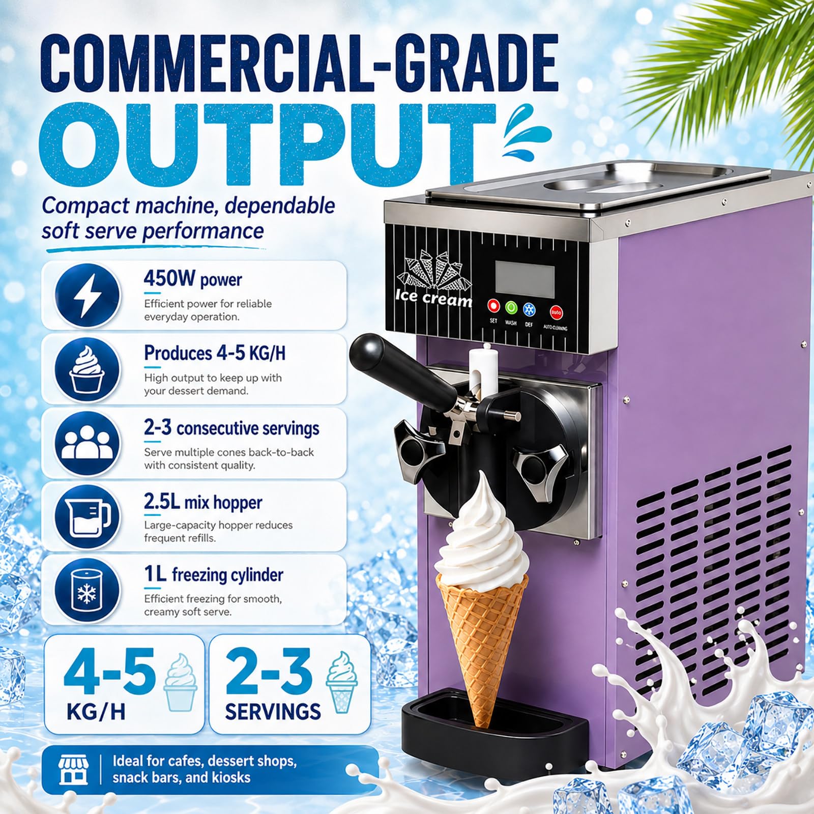 Machine à Glace Italienne de Comptoir - 450 W, Bac 2,5 L, Écran LCD, Nettoyage Auto pour Boutiques Dessert White