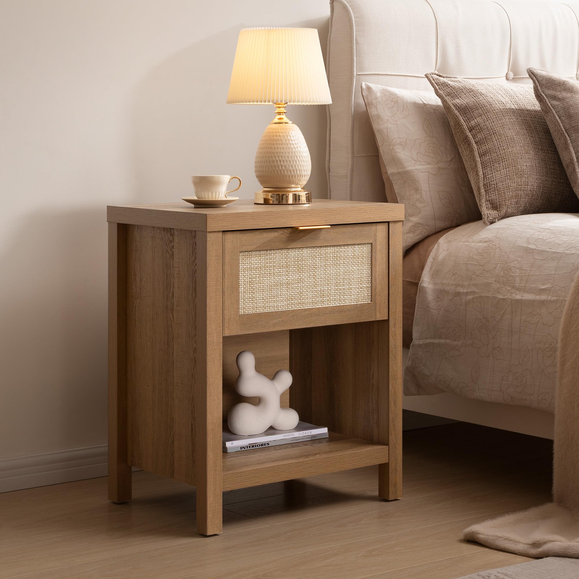 SICOTAS Rattan Nightstand 19.7' Boho Night Stand with Drawer