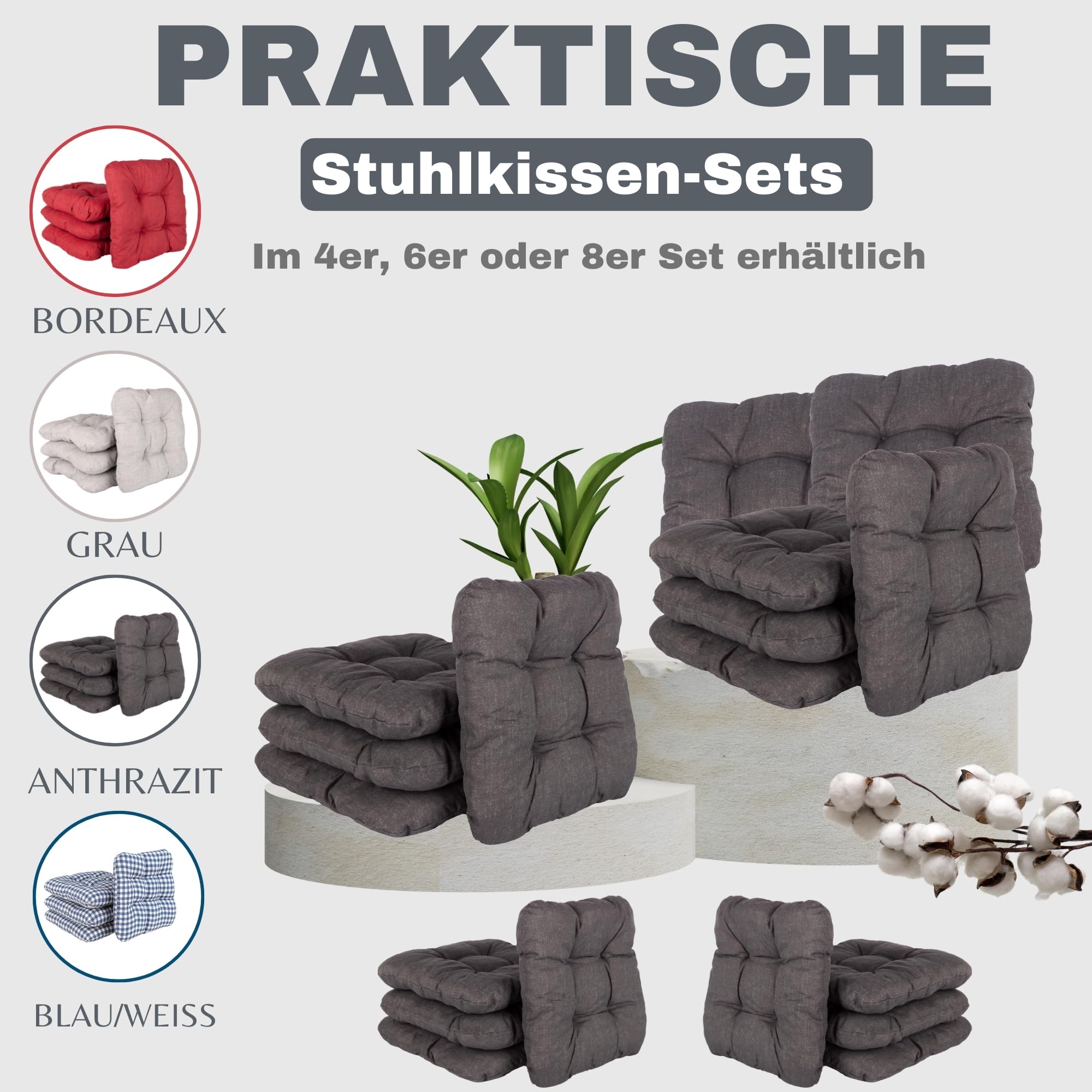 HLKauf 8er Set Anthrazit Sitzkissen 36x36x6 cm | weiche Kissen | Für Garten, Camping, Gastronomie oder Bistro | Oeko-Tex und Made in EU