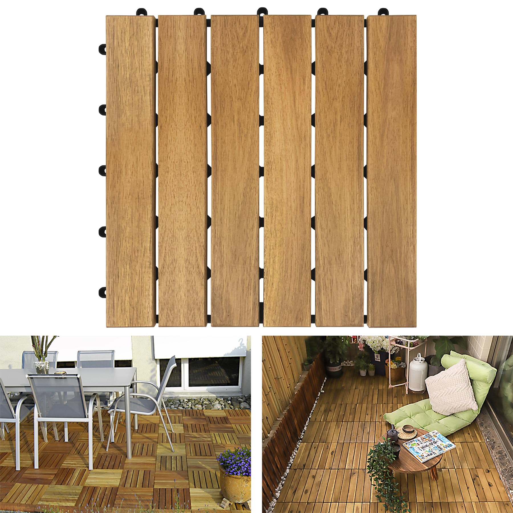 Froadp Płytki Balkonowe Drewniane 30x30cm z Drewna Akacjowego Płytki Tarasowe z Systemem Click Odporne na Warunki Atmosferyczne Podłoga Drewniana Płyty Ogrodowe na Taras Balkon (11 Sztuk, 1m², Ttyp A)