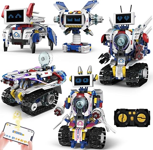 Kit de construcción de robot STEM 5 en 1 para niños de 8 a 16 años, control remoto y controlado por aplicación, juguete de codificación de
