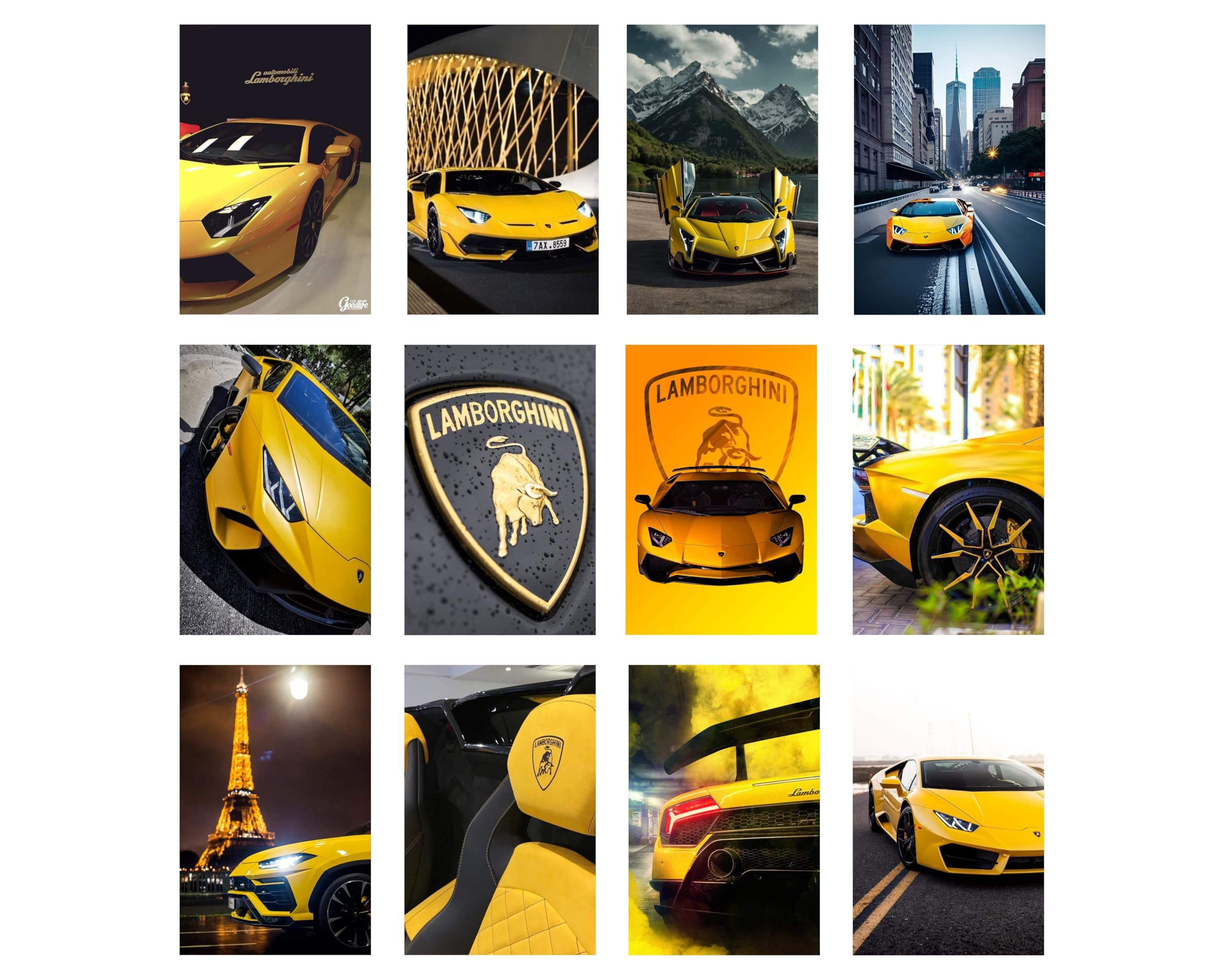 Posters Inc Set of 12 Lamborghini Car Posters for Wall, Home Decoration Items for Living Room, Aesthetic Wall Stickers for Bedroom, Birthday Gift for Men, 300 GSM A4 Size Paper, Glue Dots Included