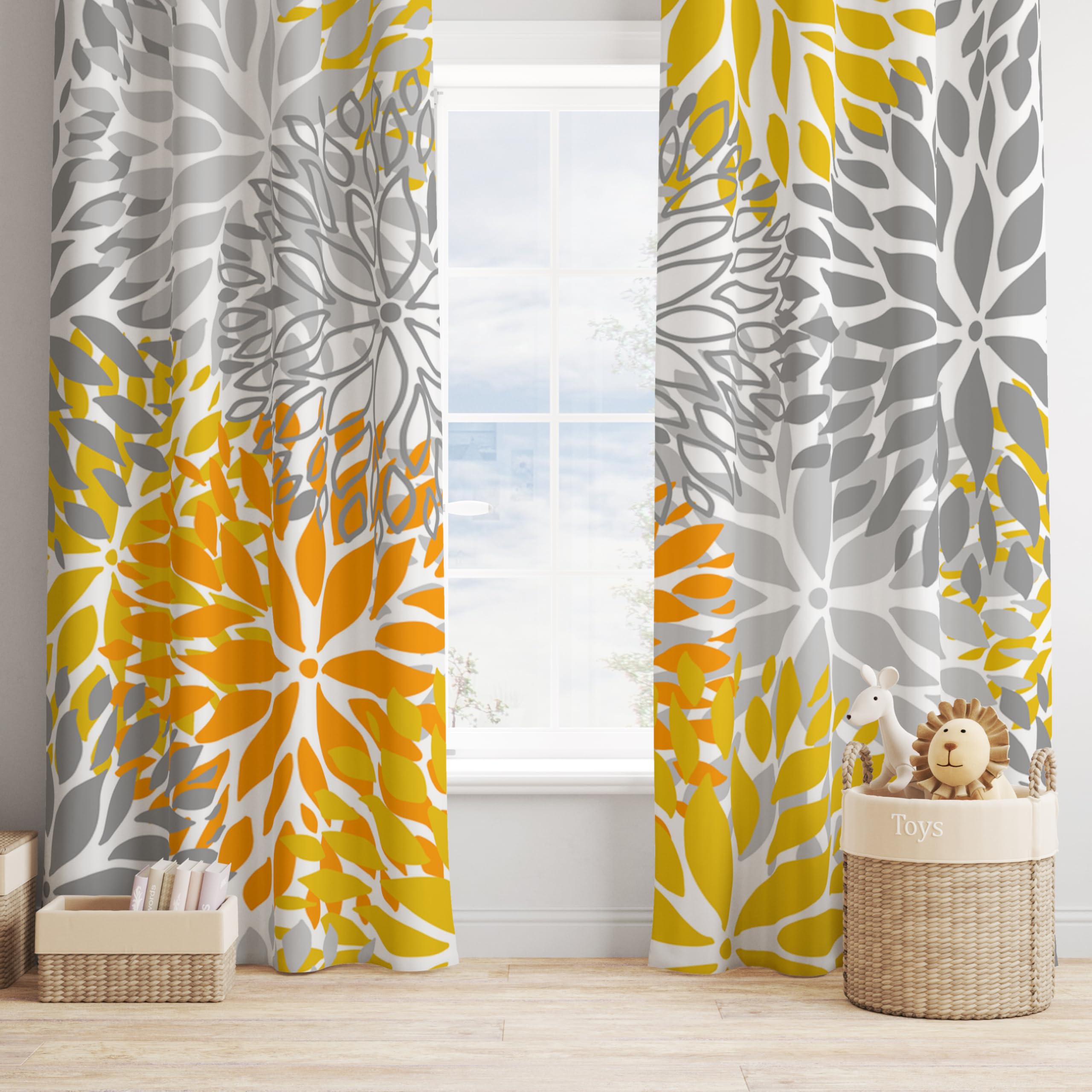 ShiTingYu Yellow Gray Floral Curtains, Boho Dahlia Chrisanthemum Flowers Colorful Window Treatments for Living Room Bedroom Kitchen, Floral Seamless