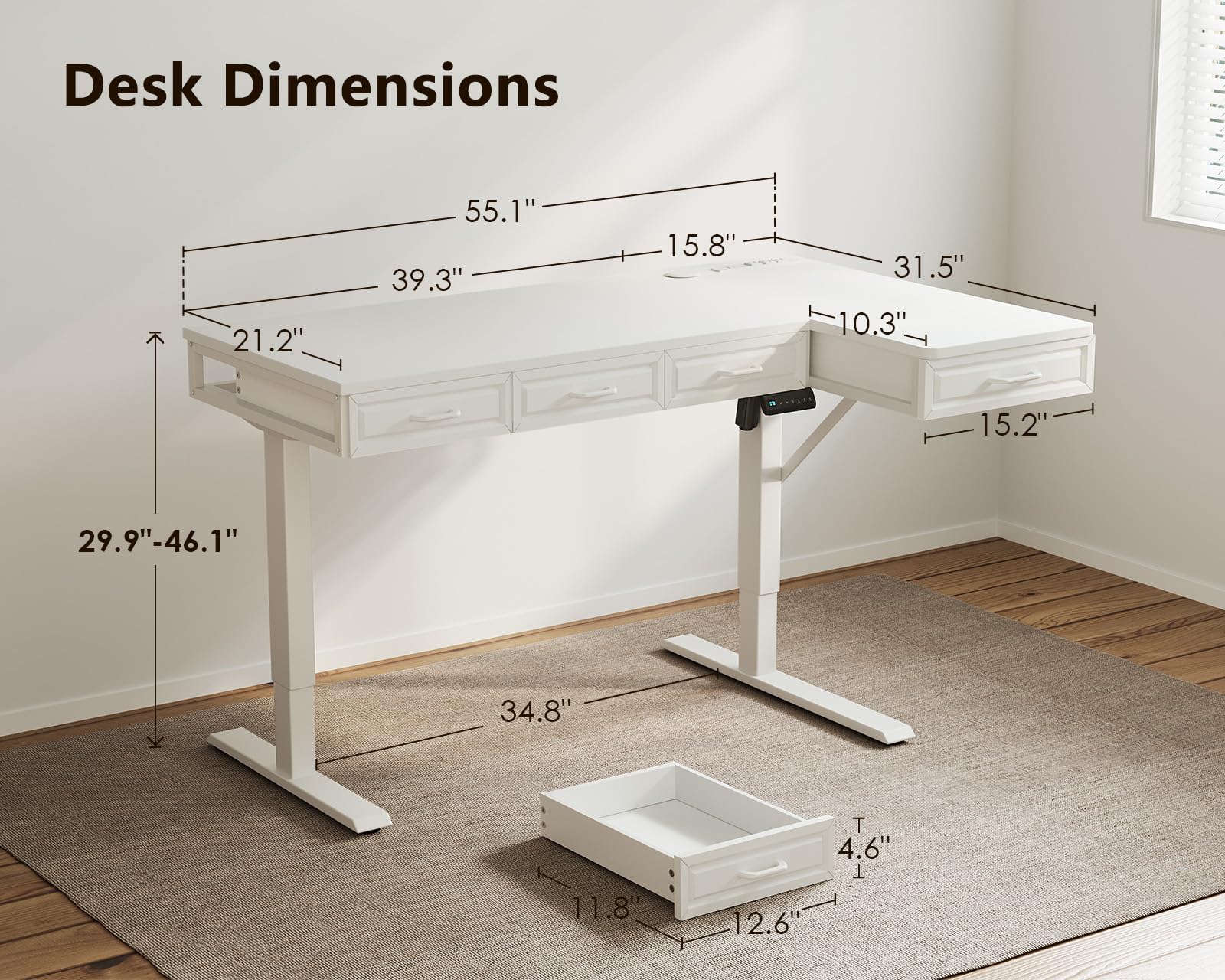 OffiGo L Shaped Electric Standing Desk with Wooden Drawers 55 Inch Height Adjustable Corner Workstation with Power Outlets — view 3