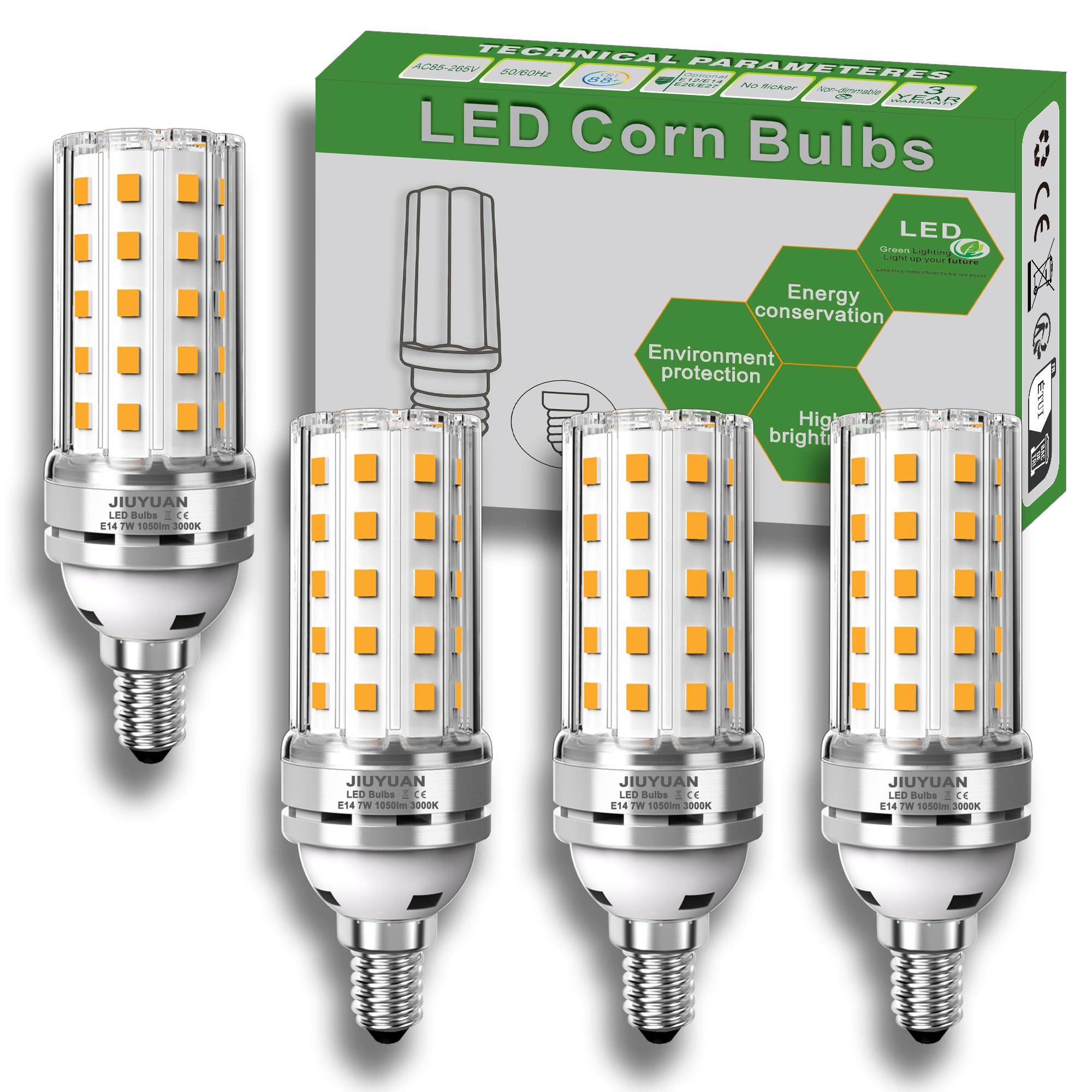 JIUYUAN E14 LED Mais Glühbirne 7W 3000K Warmweiss Licht energiesparende Lampen mit langer Nutzlebensdauer entspricht 80W Glühbirne, 1050LM LED Maiskolben E14, nicht Dimmbar, 4er Pack