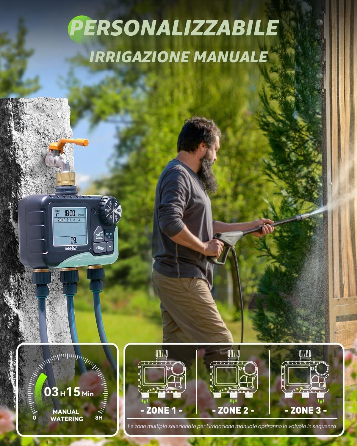 RAINPOINT Centralina Irrigazione 3 Uscite Con Ampio Display Lcd, ingresso e uscita in ottone, Timer Irrigazione Automatico Con Modalità Di Ritardo Pioggia/Manuale/Automatica per Prato Da Giardino