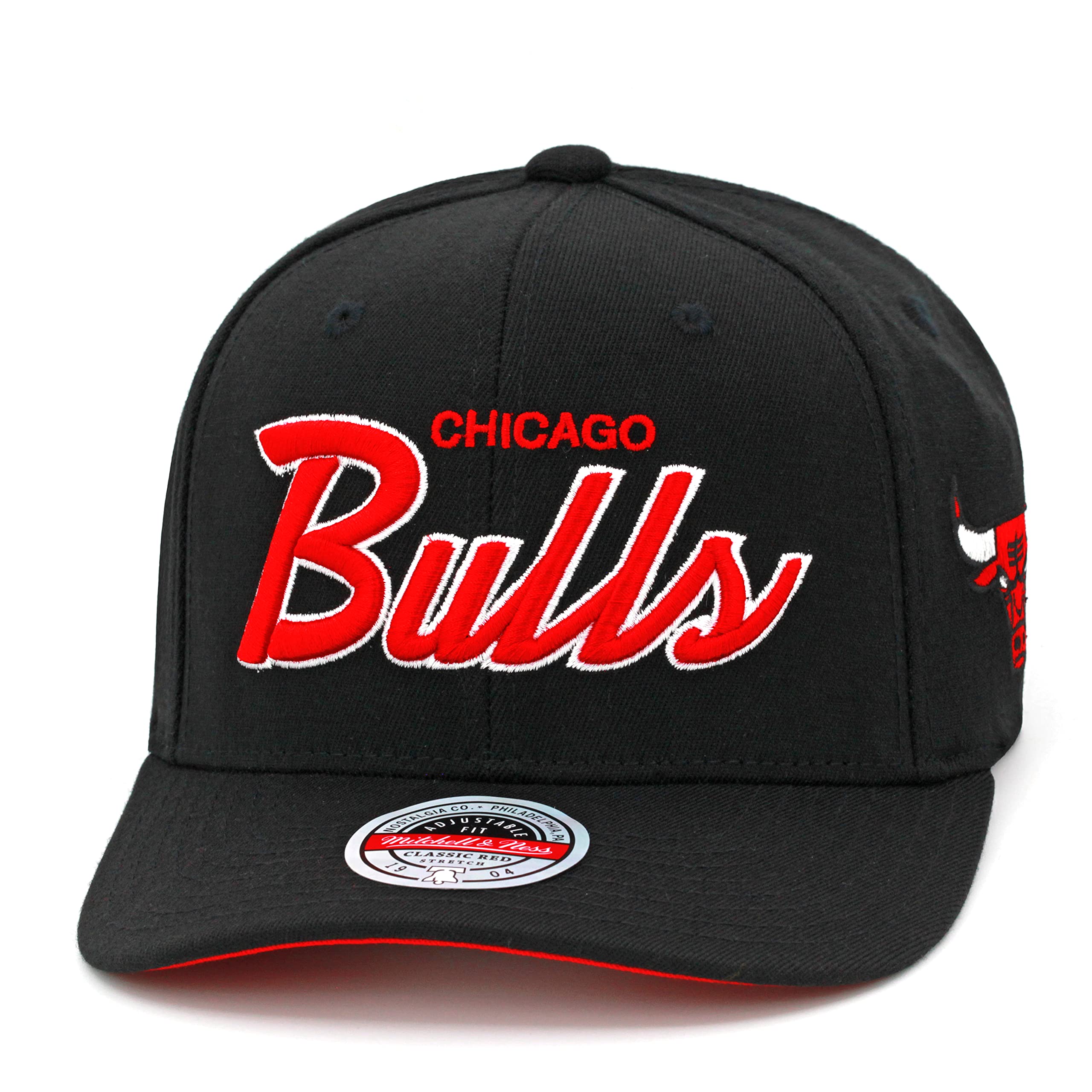 Mitchell & Ness Chicago Bulls Flexfit Snapback Hat for Men - Curved Brim - Black/Red Script - Basketball Cap for Men
