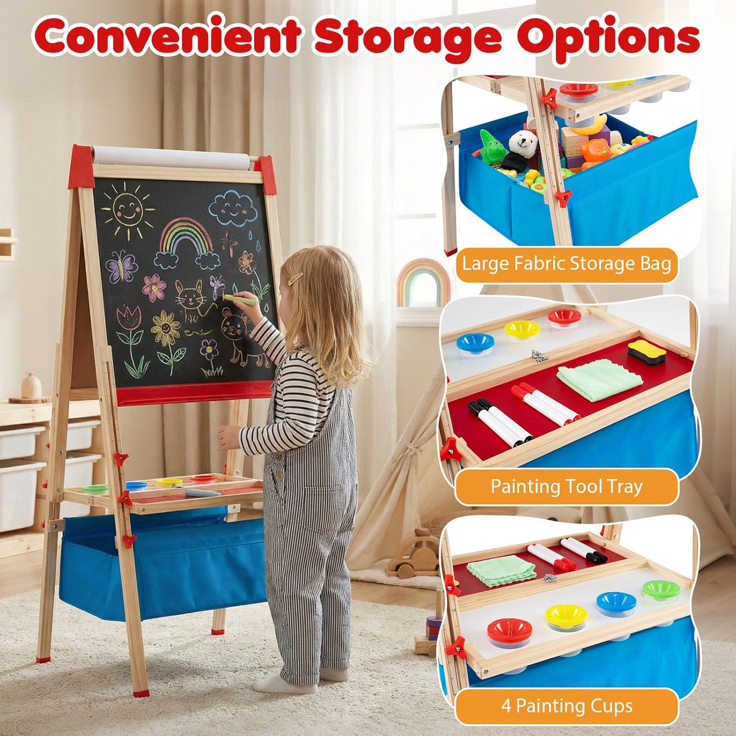 HONEY JOY Art Easel for Kids, Wooden Height Adjustable Folding Double-Sided Toddler Easel w/Magnetic Chalkboard & Whiteboard, Paper Roll, 60+ Accessories, Magnetic Letters, Kids Easel for Boys Girls