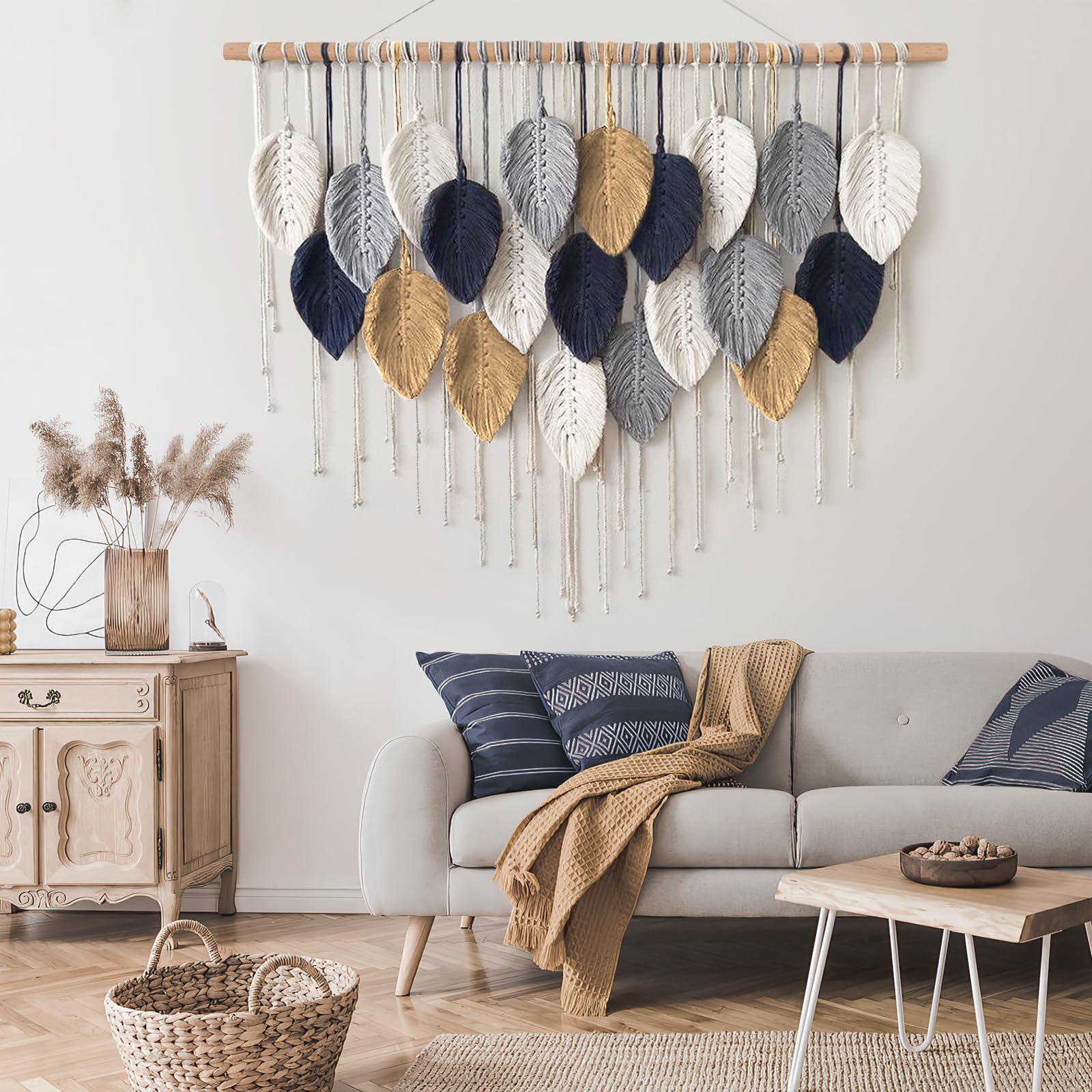 Décoration Murale Macramé Feuilles - 80 X 40 Cm - Coton Naturel Et Bois - Style Bohème - Pour Chambre, Salon, Chambre D'enfant
