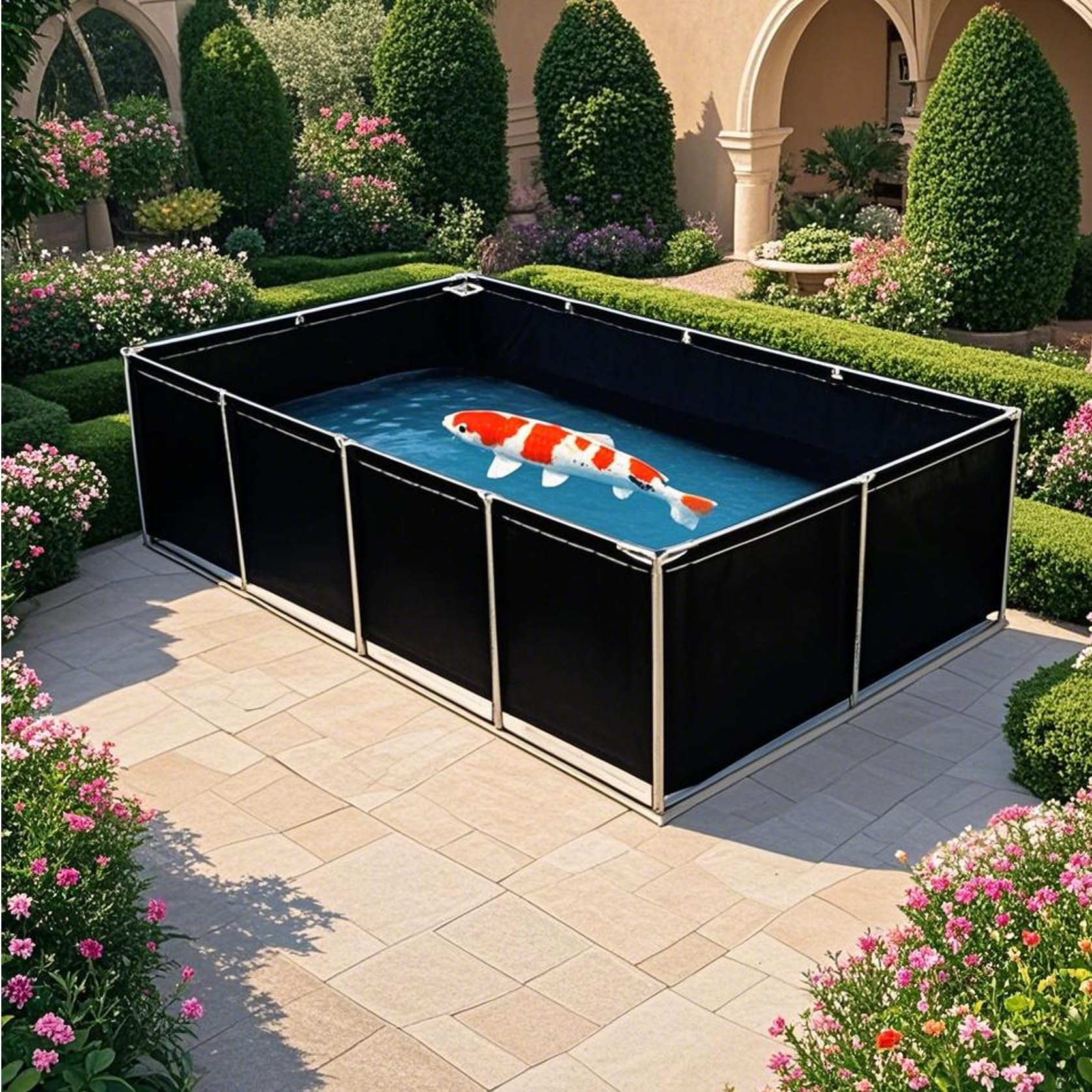 Hynbdes Large PVC Folding Fish Pond with Drain Valve & Steel Bracket Blue Water Storage Tank for Koi Garden Irrigation Durable Outdoor Aquarium Pool-black-1 * 1 * 0.7m