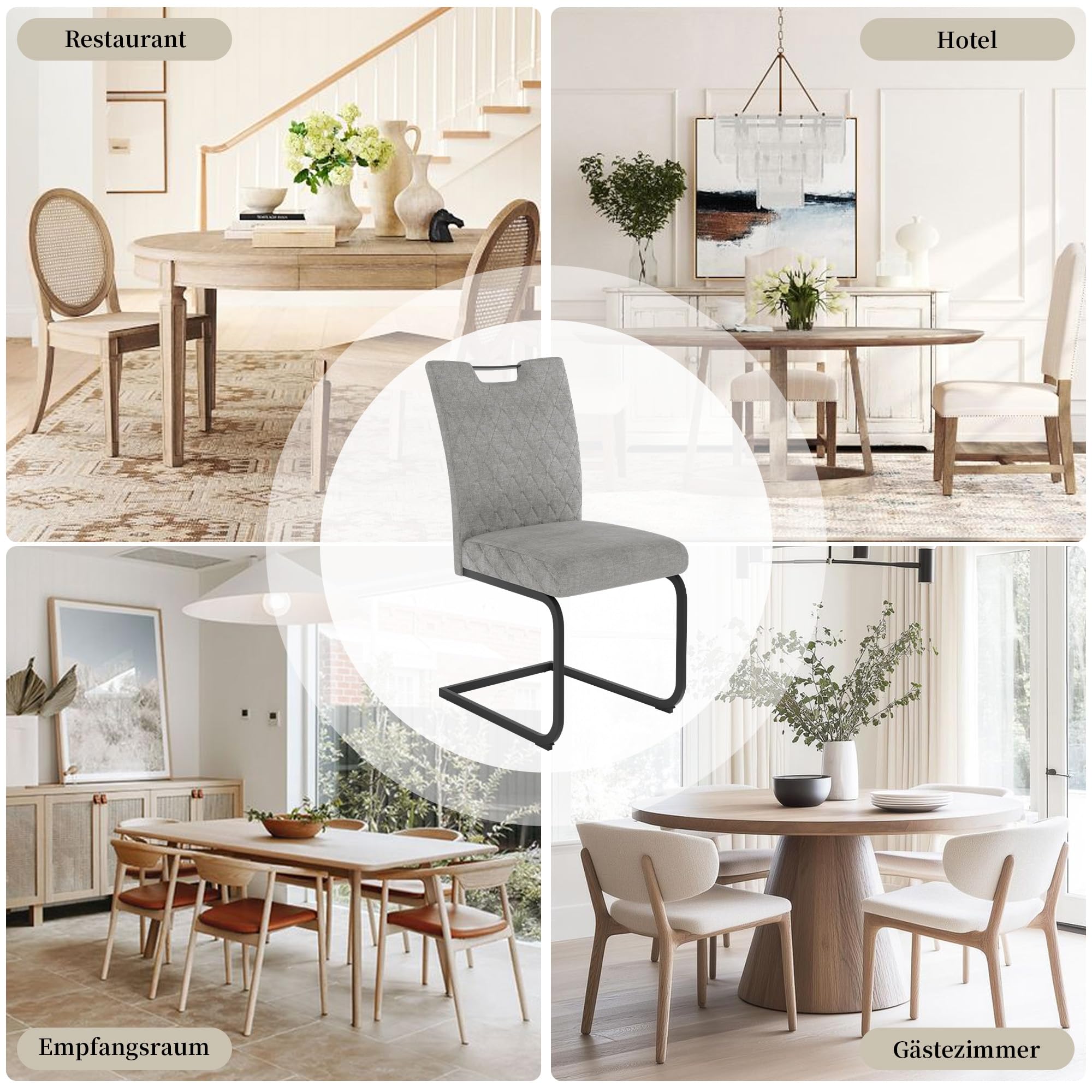 JIEXI Schwingstuhl Esszimmer 4er Set – Freischwinger Polsterstuhl mit extra dickem Sitzkissen, Stoffbezug Grau & gesteppter Rückenlehne, Metallkufen stabil, bis 113 kg (Hellgrau 4 Stühle)