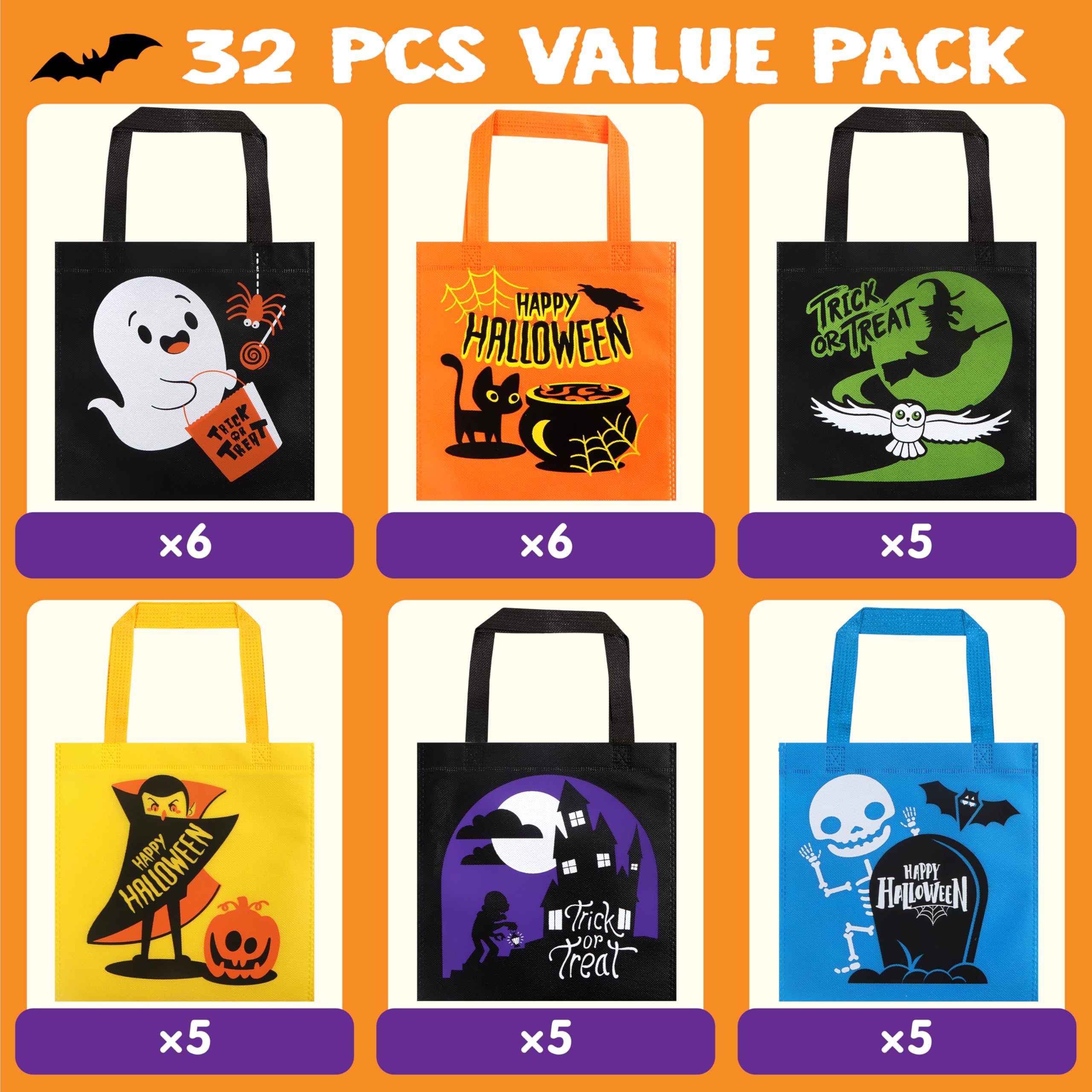 JOYIN 32 Non-Woven Halloween Tote Gift Bags Colorful for Kids, 6 Patterns Design Trick or Treat Bags for Kids Classroom Party Favor Supplies, Reusable Goody Candy Bag, Halloween Snacks Goodie Bag Bulk