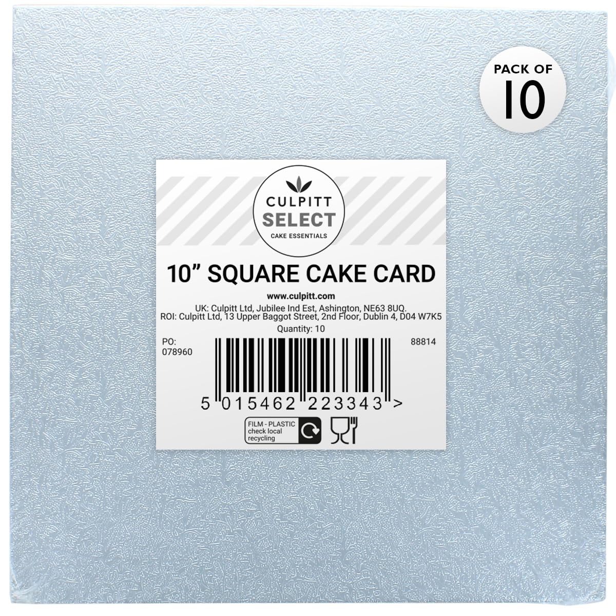 Culpitt Silver Select 10" 3Mm Square Cake Boards, 3Mm Double Thick Cards For Celebration Desserts, Birthday Treats, Cupcakes, And More! 10 Inch, Pack Of 10
