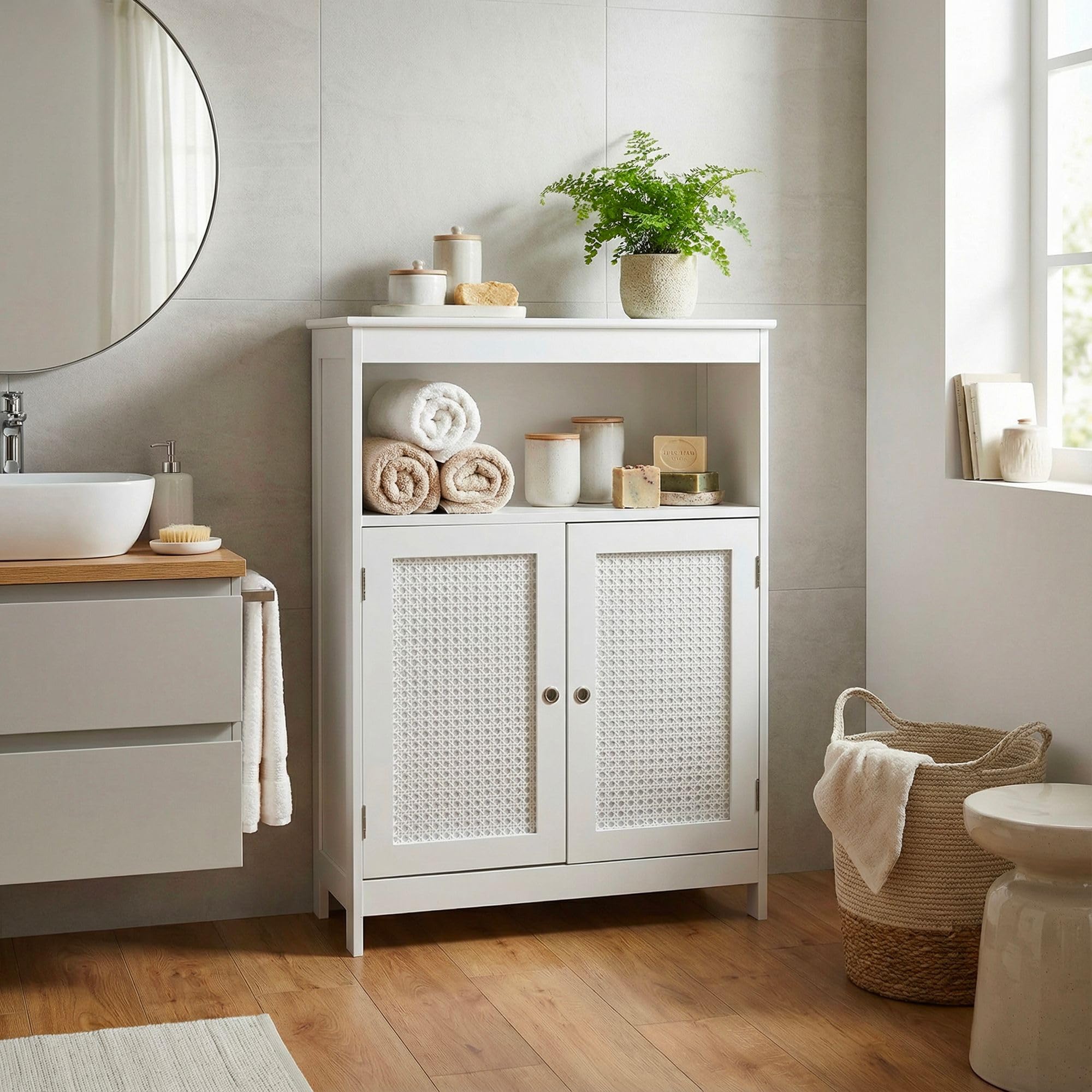 WOHNLING Meuble de Salle de Bain 60x28x80 cm Blanc Cannage, Portes Étagère