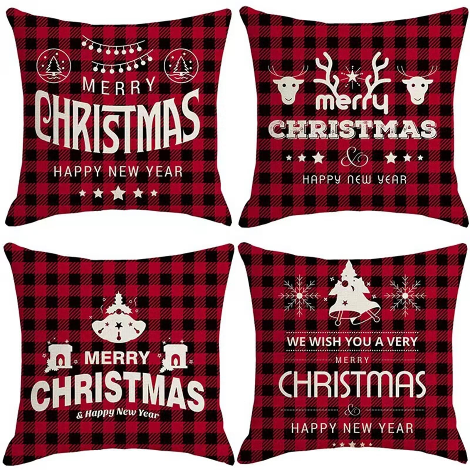 4 Pezzi Natalizi Cuscini per Divano, Natale Federe Cuscino Divano 55x55 CM Regalo di Natale rosso, Natale Lino Copricuscini, Decorazione Natalizia per la Casa Addobbi Soggiorno Natalizie Decorativi