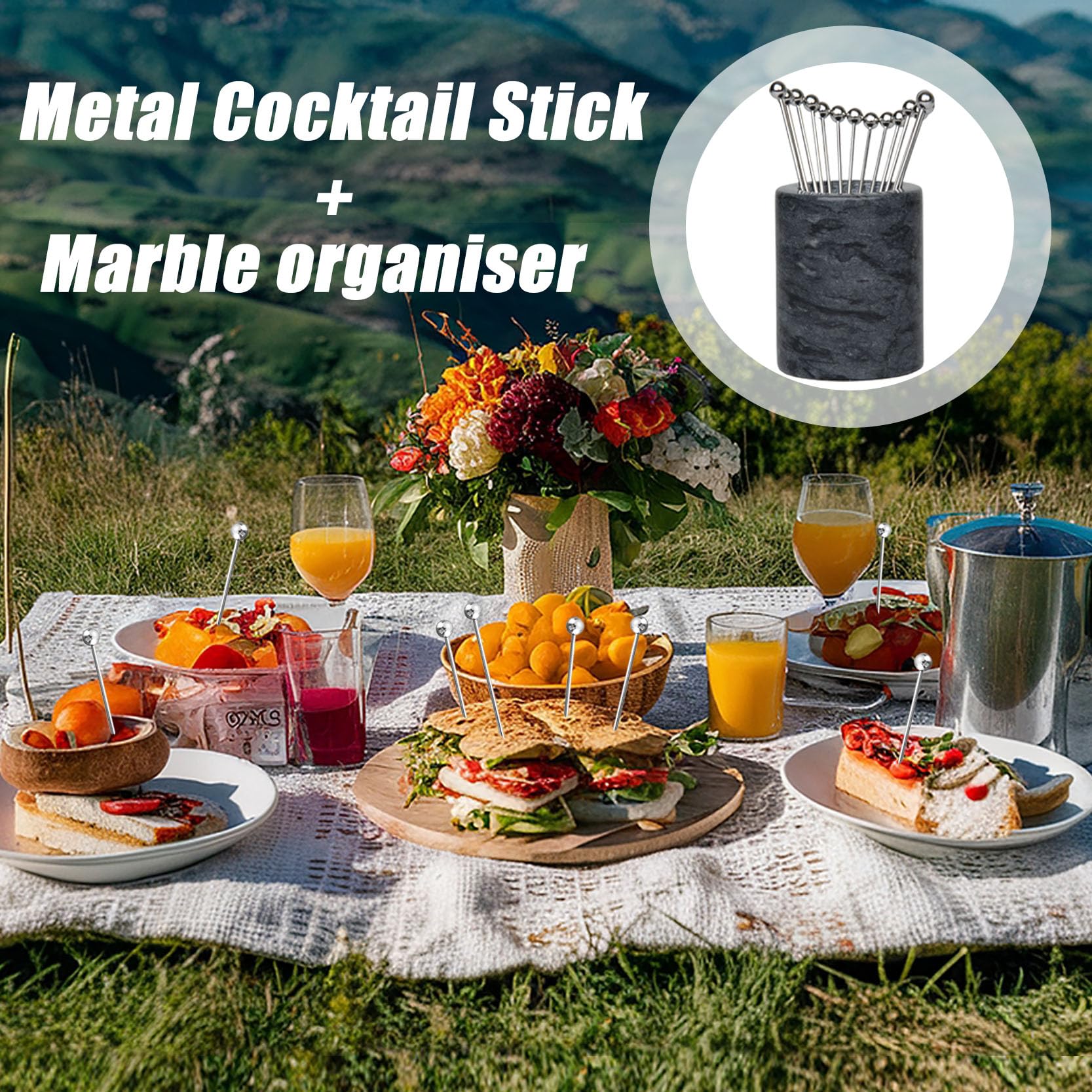 Palillo de cóctel de acero inoxidable de 4.3 pulgadas, 15 piezas + 1 tanque de mármol, clip de cóctel, tenedor de aperitivos, guarnición de cóctel, adecuado para bares, restaurantes,