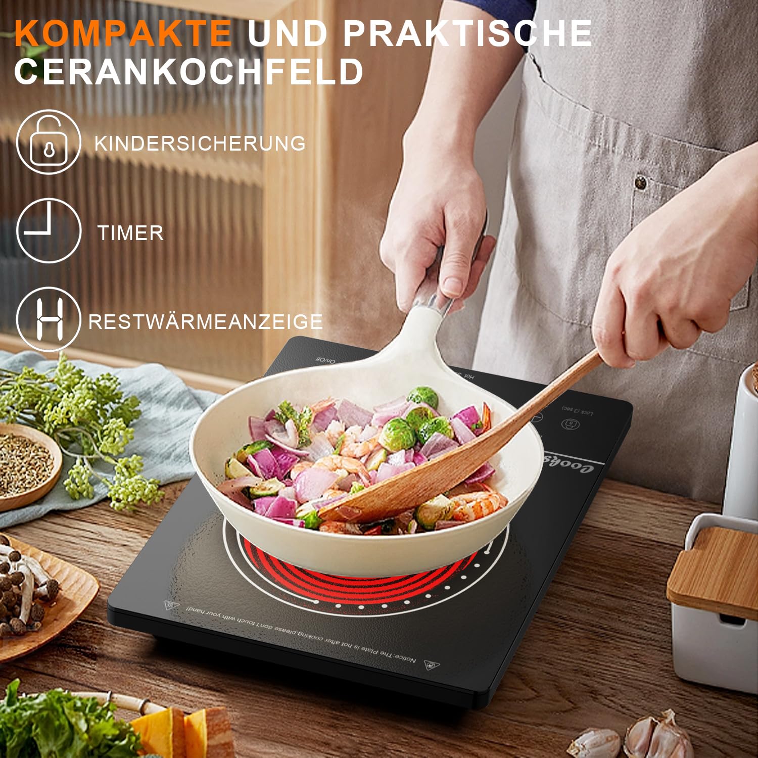 Glaskeramikkochfeld 1 Platte, 2000W, 28cm, Infrarot-Wärme, Sicherheitsschloss, 4 Stunden Timer