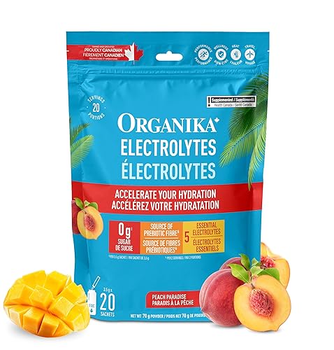 Organika Canadian-Made Electrolytes Powder- Peach Paradise Sachets, On-the-Go Sugar-Free Hydration and Electrolyte Replenishment with Prebiotics and Vitamin C- 3.5g x 20ct - Peach Paradise - 3.5g x 20
