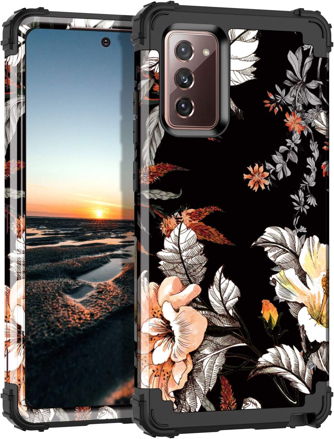 Casetego Compatible with Galaxy Note 20 Case,Floral Three Layer Heavy Duty Hybrid Sturdy Shockproof Full Body Protective Cover Case for Samsung Galaxy Note 20,Orange/Black