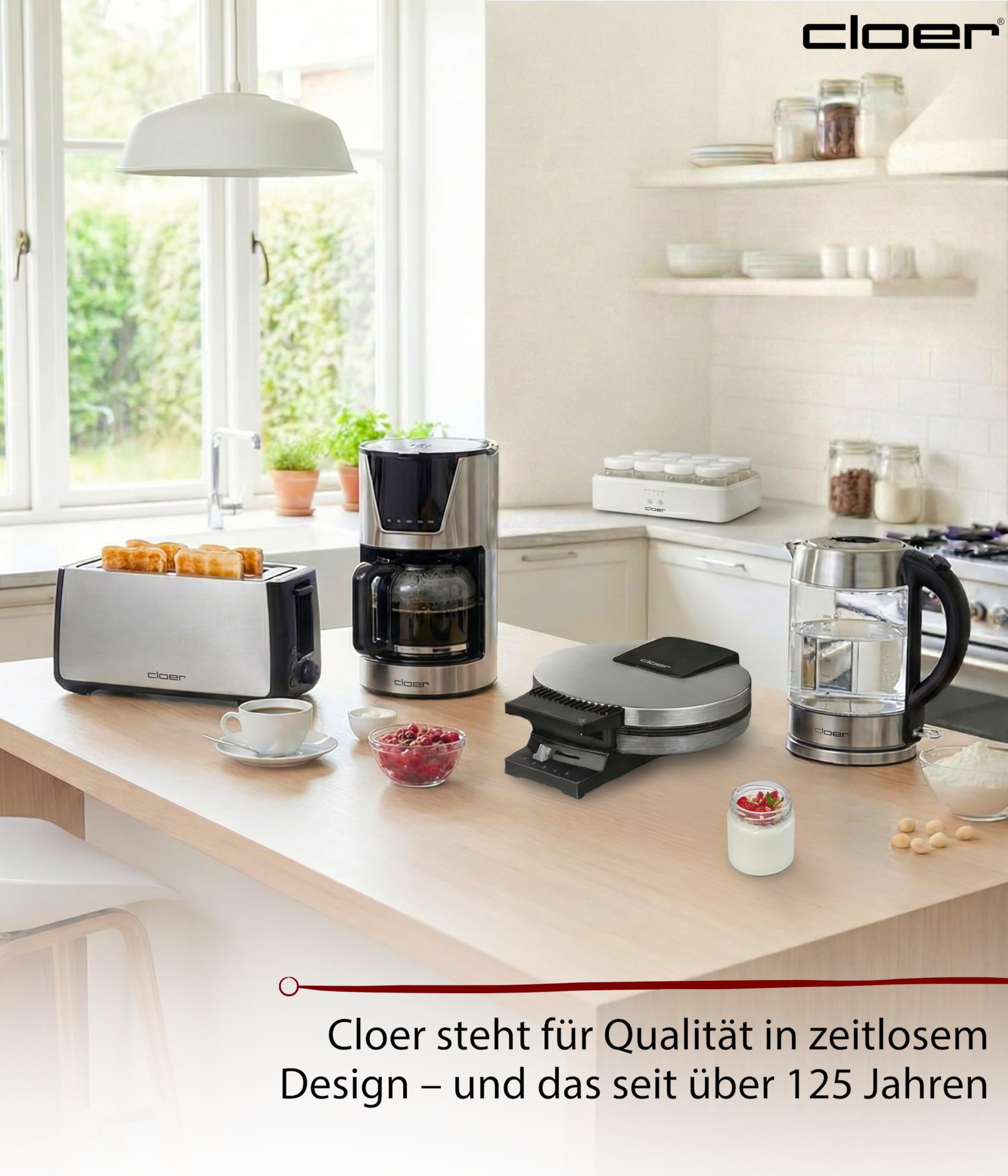 Cloer 9921 Yaourtière pour 12 pots, chacun 150 ml de capacité, pour yaourts et ferments, minuterie, 8 à 14 heures, boîtier en plastique blanc, 17 W, couvercle transparent